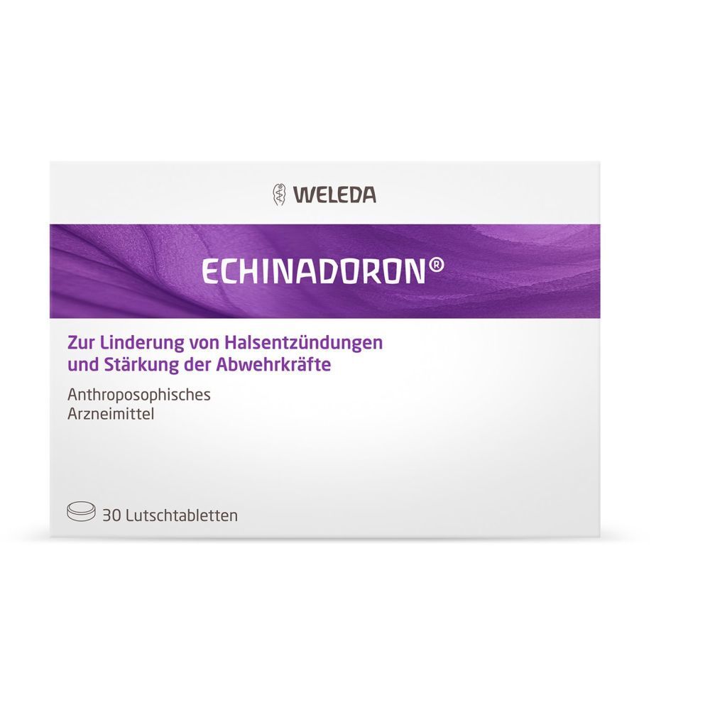 Weleda ECHINADORON Lutschtabl. Packung. Weiß mit lila Streifen. Text: ECHINADORON, 30 Lutschtabletten. Zur Linderung von Halsentzündungen.