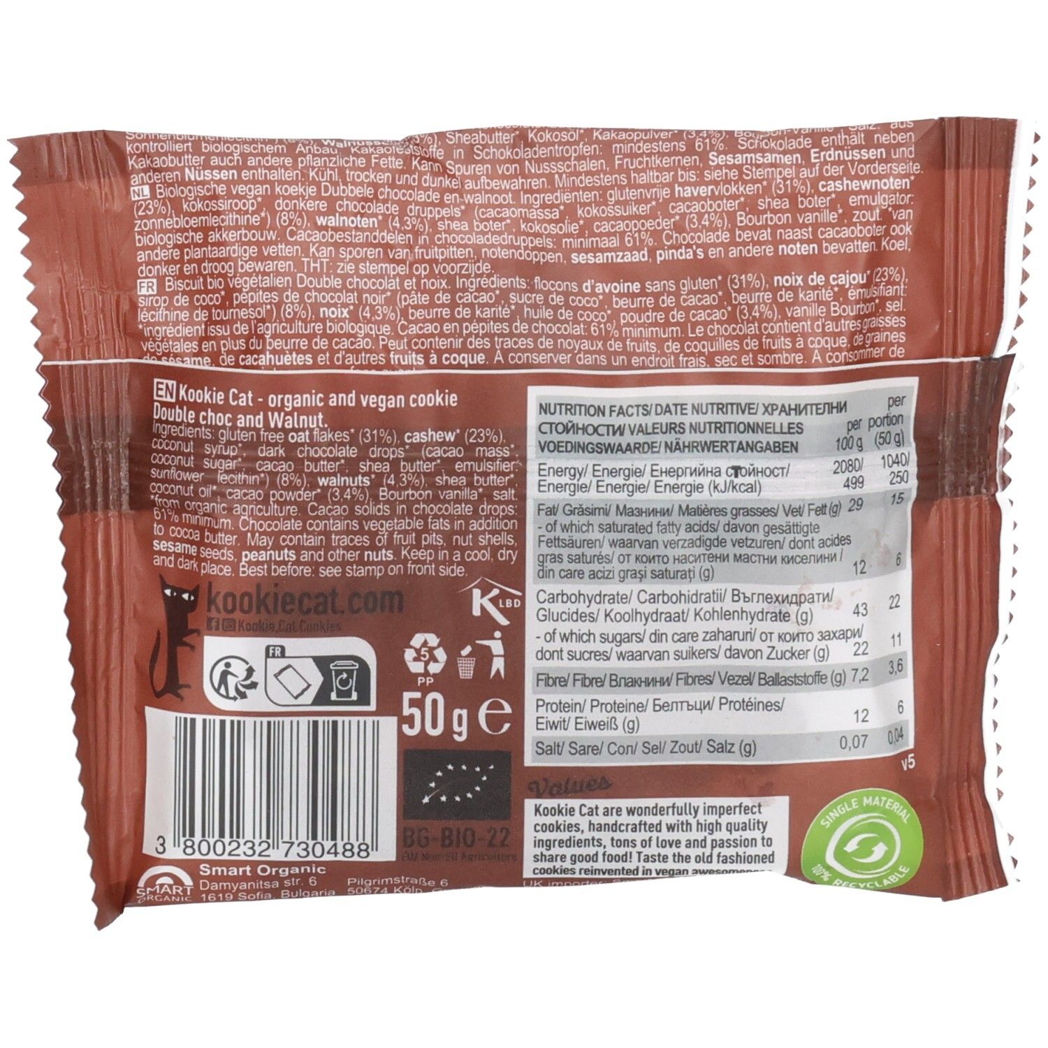 Rückseite der Kookie Cat Cookie-Verpackung. Text: Zutaten, Nährwertangaben, Logo, Barcode, Bio-Siegel, Gewicht 50g.
