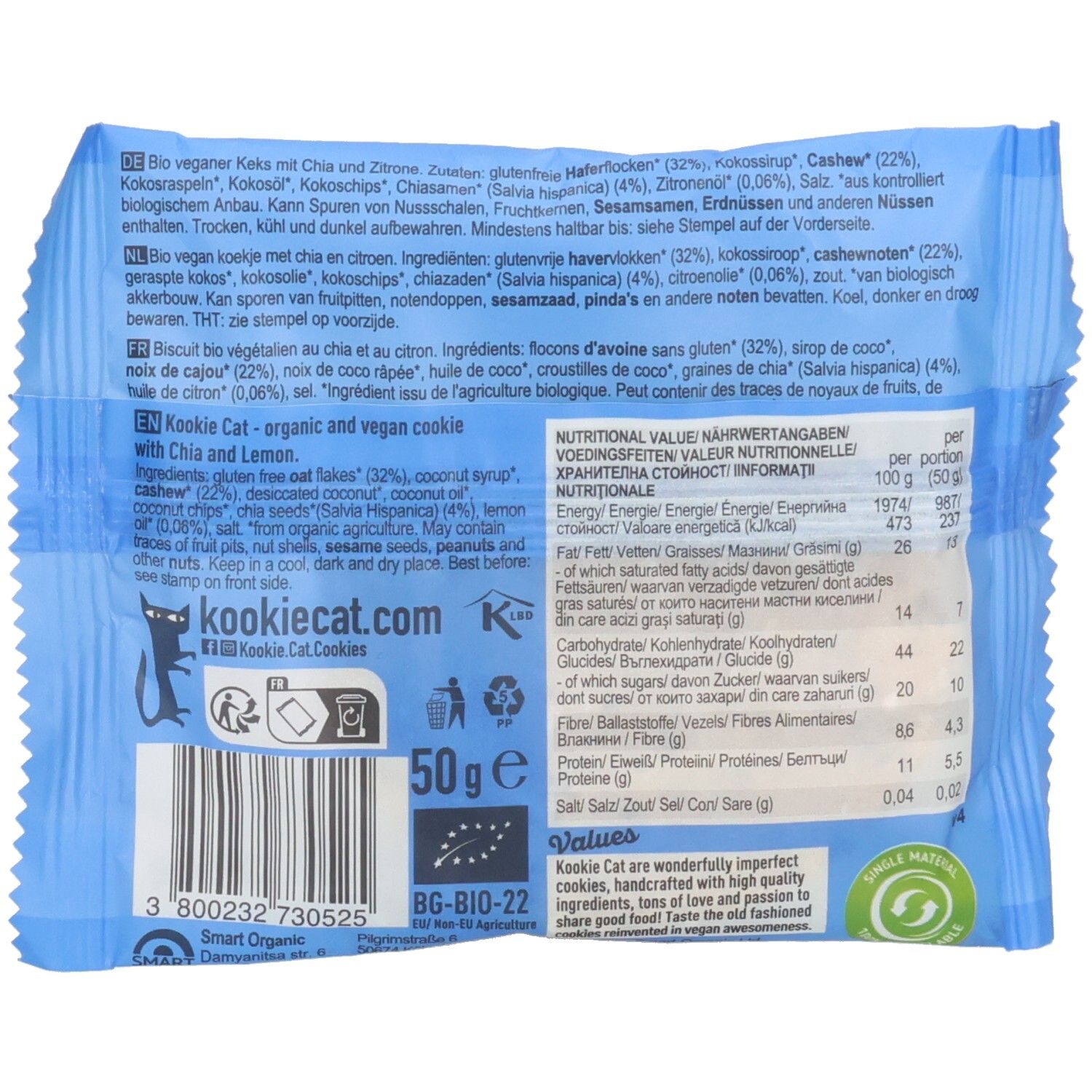 Rückseite der Keksverpackung. Text in mehreren Sprachen. Nährwertangaben. Kookie Cat Logo. Bio-Zertifizierung. 50g.