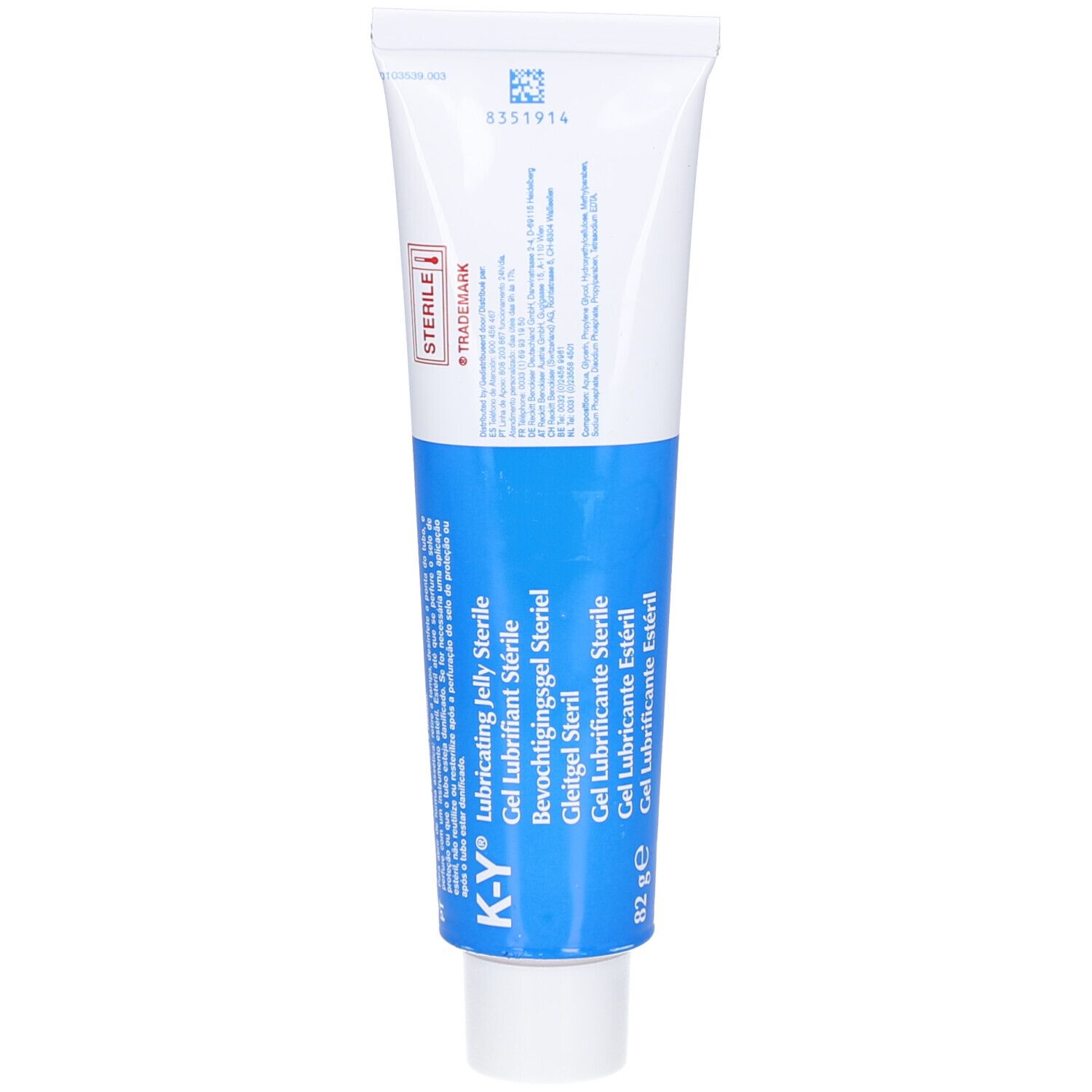 Tube blanc et bleu. Inscription: K-Y® Gel lubrifiant stérile. Marque stérile.
