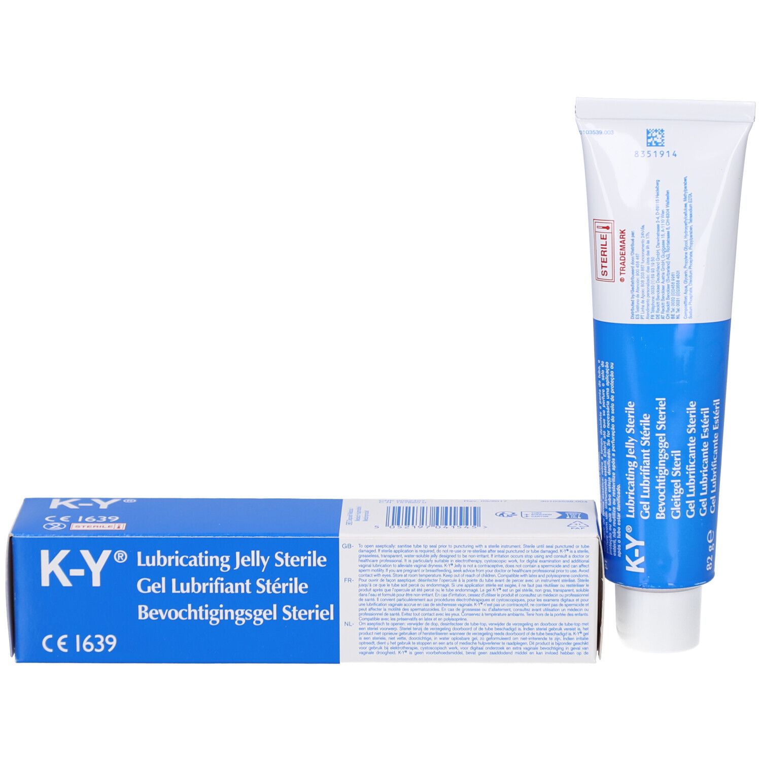 Emballage du produit avec tube et boîte. Boîte avec K-Y® Gel lubrifiant stérile. Couleurs bleu et blanc.