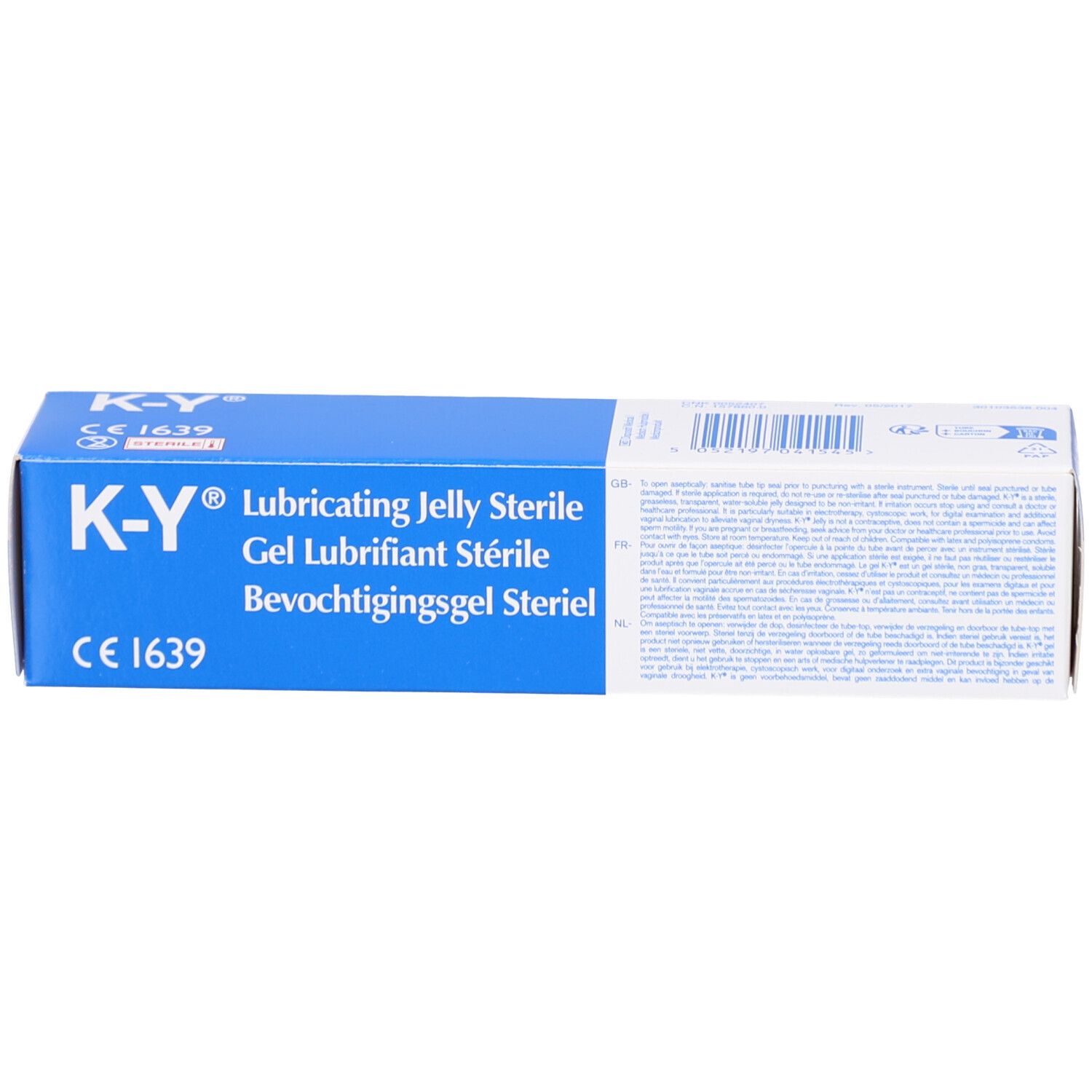Boîte avec K-Y® Gel lubrifiant stérile. Couleurs bleu et blanc. Texte multilingue. Marquage CE.