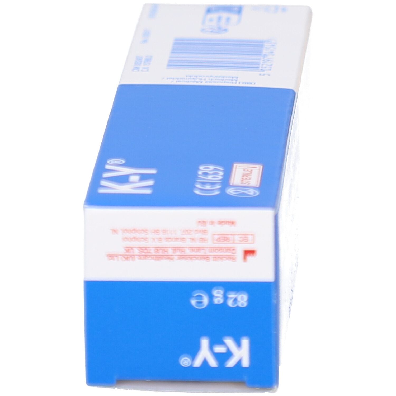 Vue latérale de l'emballage du produit. K-Y® Gel lubrifiant stérile. Couleurs bleu et blanc. Marquage CE.
