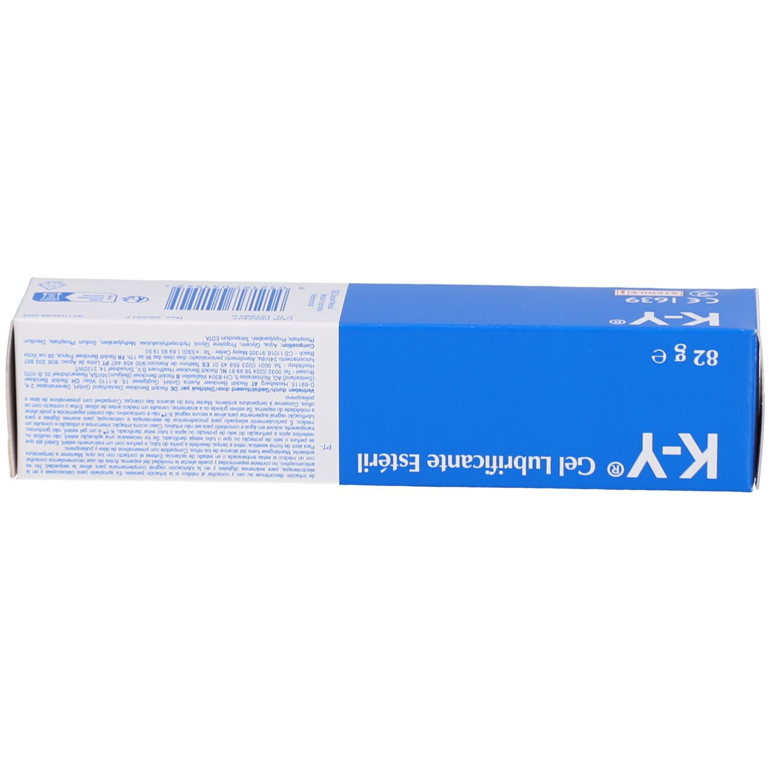 Dessus de l'emballage du produit. K-Y® Gel lubrifiant stérile. Couleurs bleu et blanc. Marquage CE.