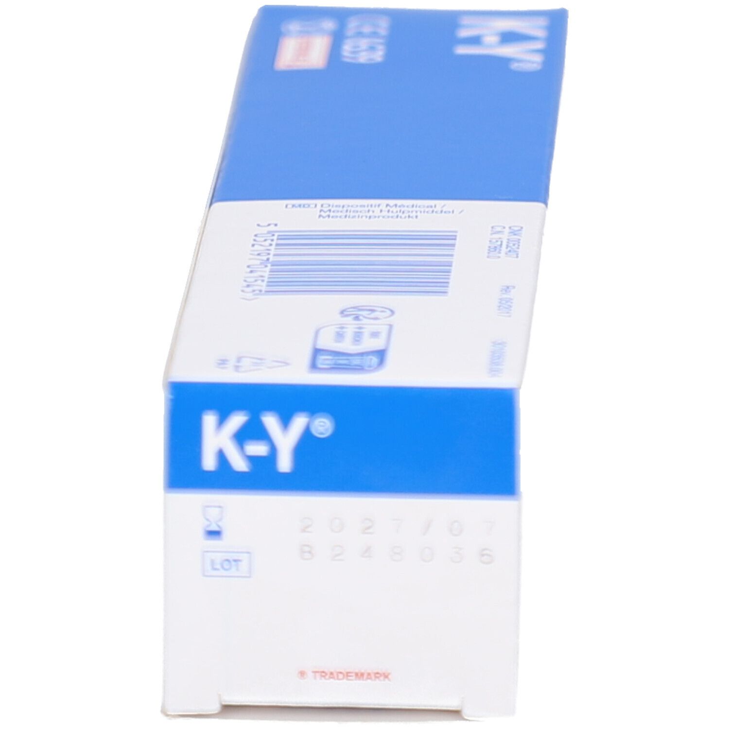 Vue latérale de l'emballage du produit. K-Y® Gel lubrifiant stérile. Couleurs bleu et blanc. Marquage CE.