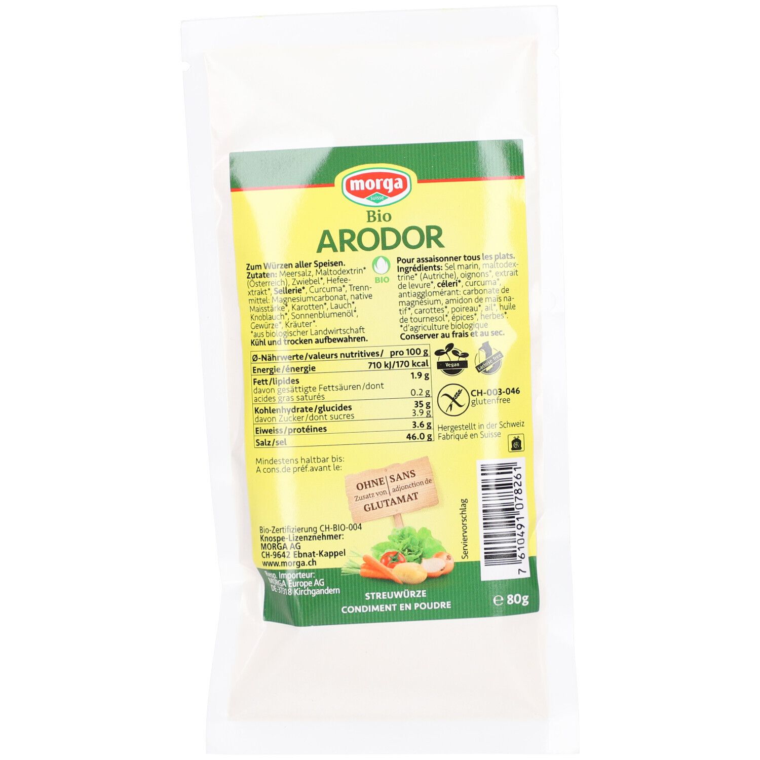 MORGA Arodor Streuwürze Bio Knospe in transparenter Verpackung. Aufdrucke: Bio, Arodor, ohne Glutamat, 80g.