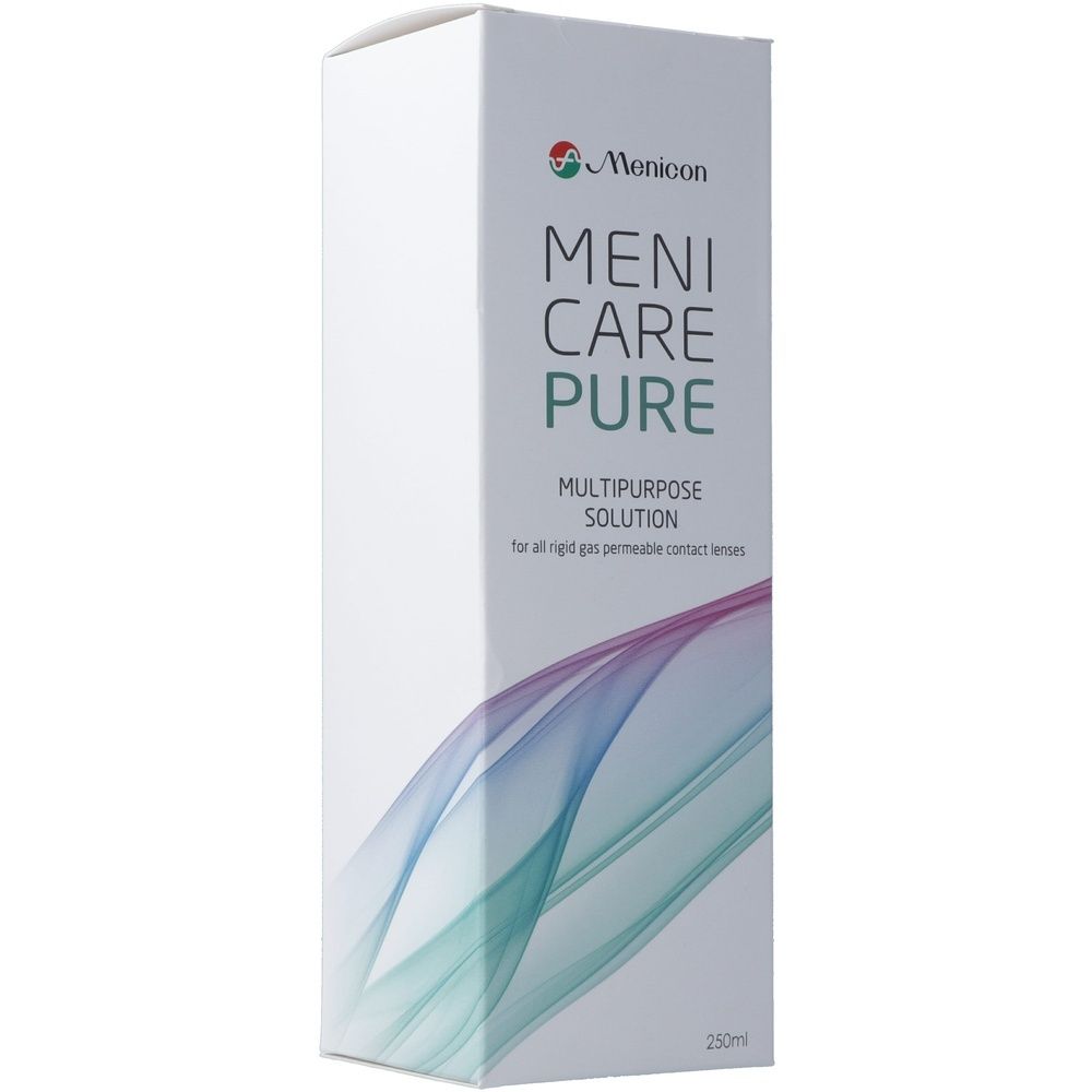 Boîte blanche avec logo Menicon et texte MENICARE PURE. Inscription : MULTIPURPOSE SOLUTION. En bas : 250 ml.