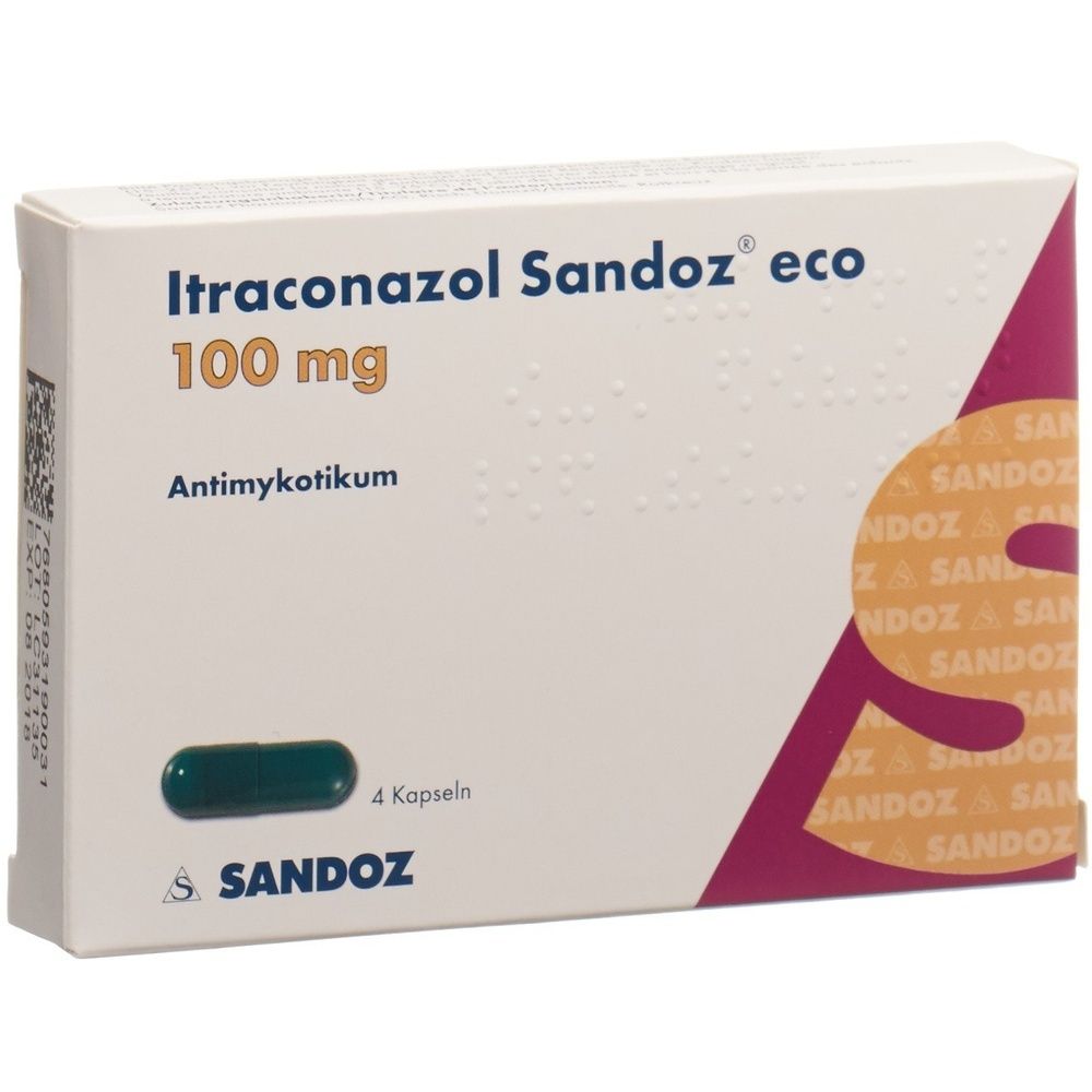 Kartonverpackung mit Produktinformationen. Text: Itraconazol Sandoz eco 4 Kaps 100 mg 4 Stk. Weiß, rechteckig, mit rotem Akzent.