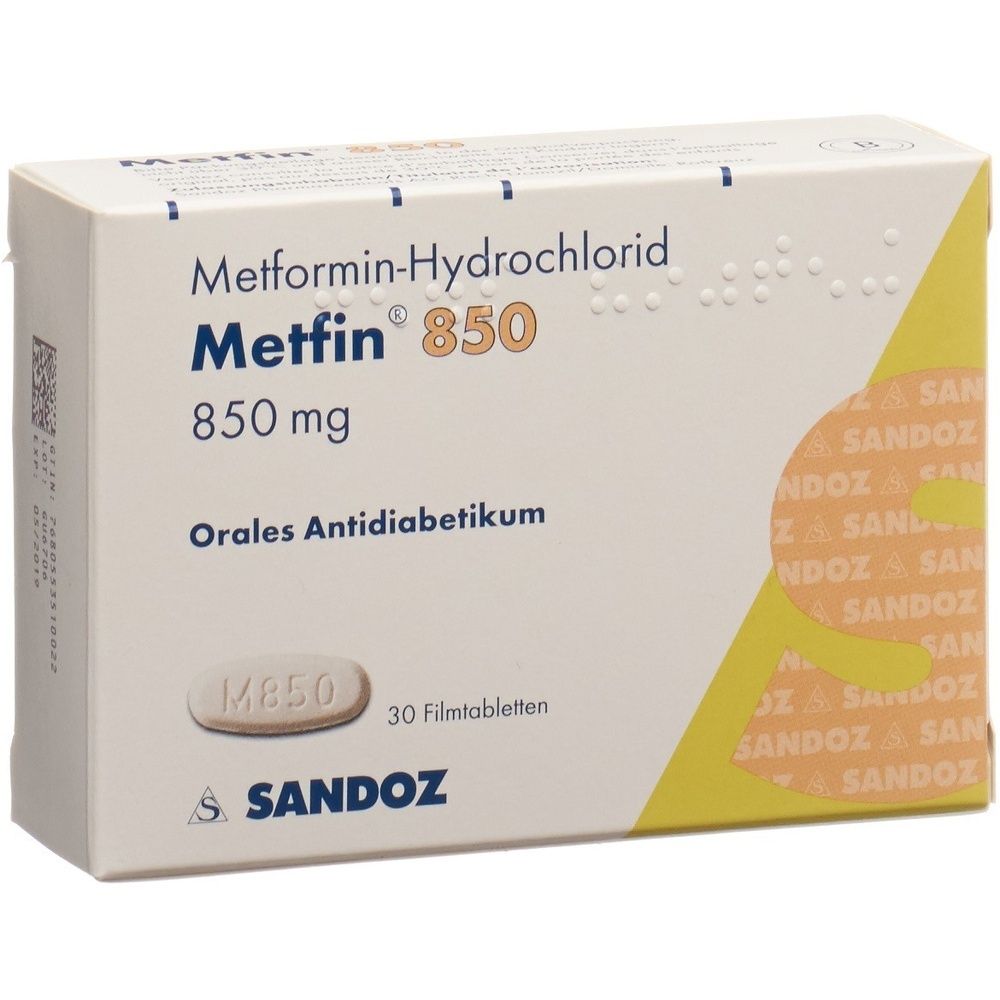 Kartonverpackung mit METFIN Filmtabl 850 mg. Aufschrift: 30 Stk. Gelb-weiße Farbgebung. Logo des Herstellers.