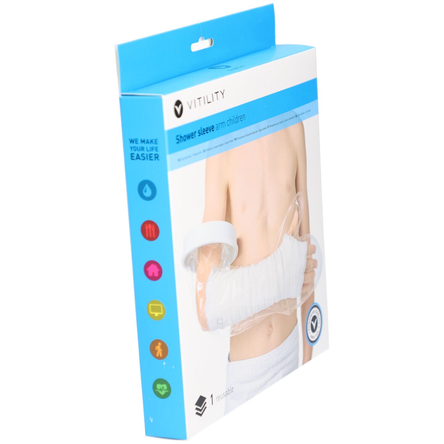Verpackung VITILITY Duschschutz Arm Kind. Der Armschutz ist am Arm eines Kindes angebracht. Auf der Verpackung steht "Shower sleeve arm children".