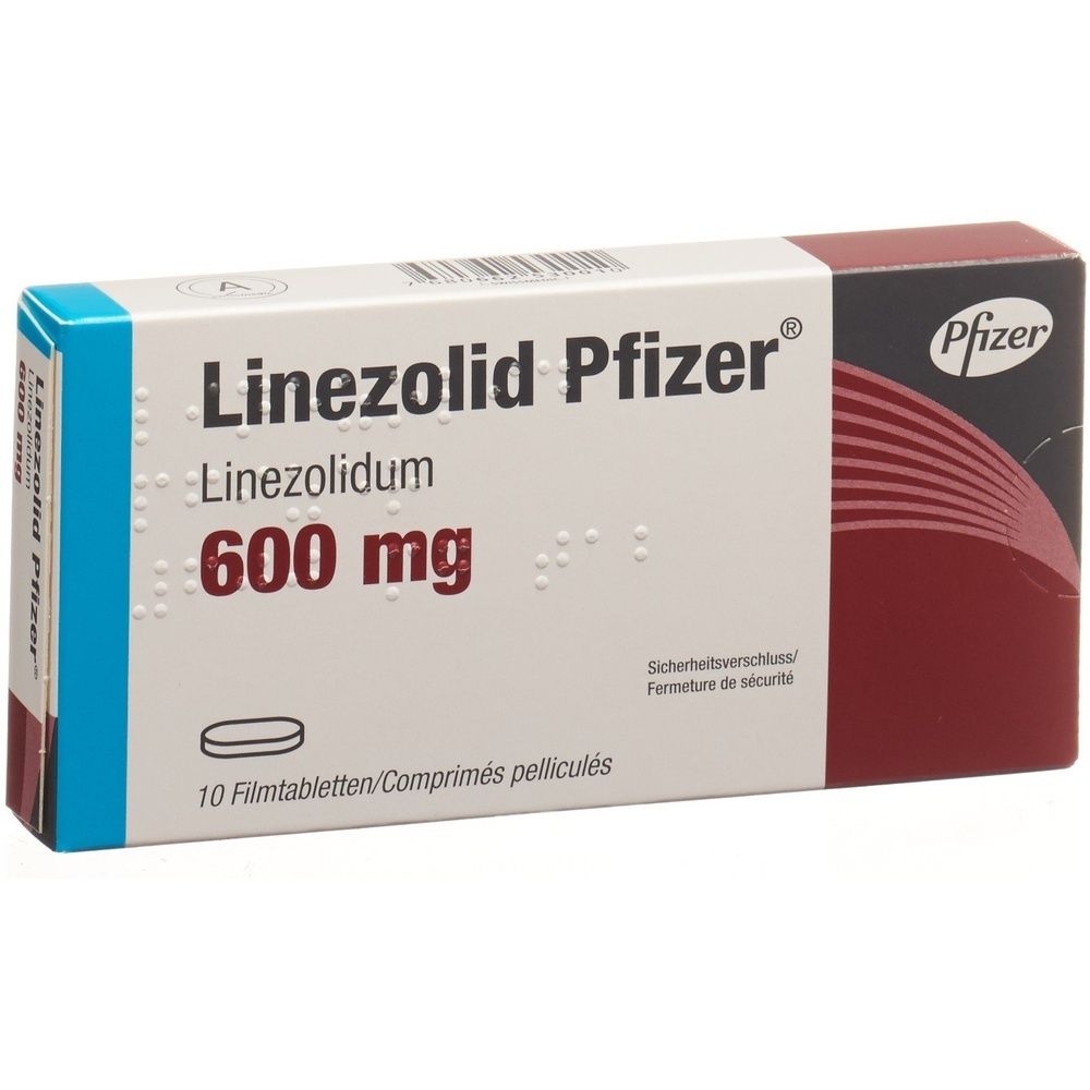 Verpackung von Linezolid Pfizer. Aufschrift: Linezolidum 600 mg, 10 Filmtabletten. Pfizer-Logo. Sicherheitsverschluss.