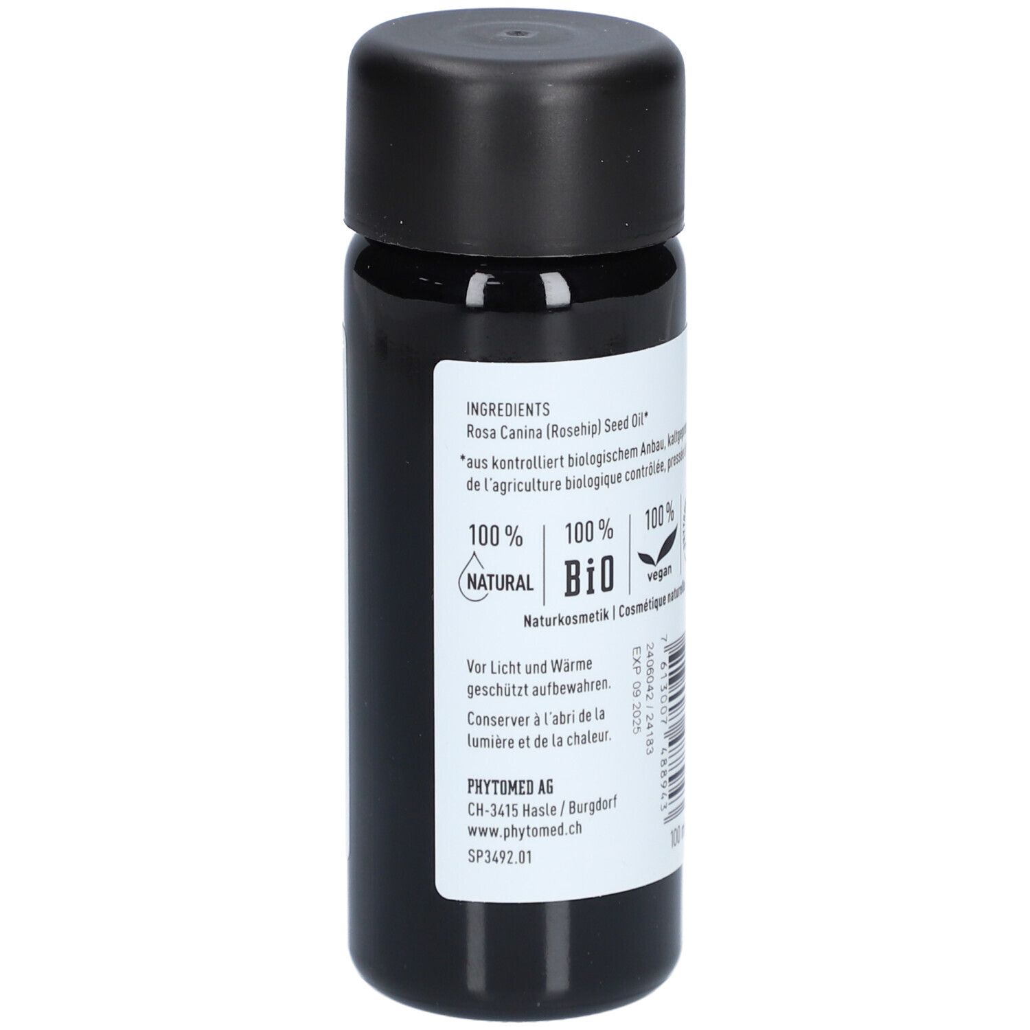 Seitenansicht der Bio-Hagebuttenkernöl-Flasche mit Inhaltsangabe.