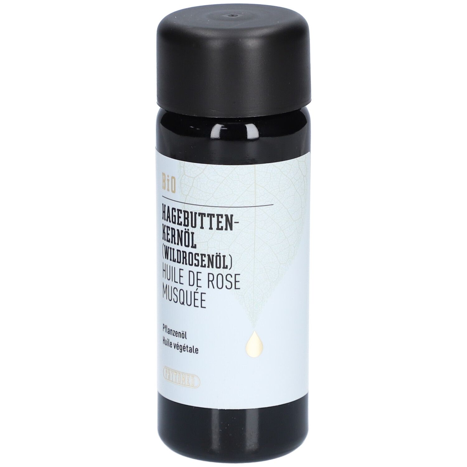 Bio-Hagebuttenkernöl (Wildrosenöl) in dunkler Flasche mit schwarzem Deckel.