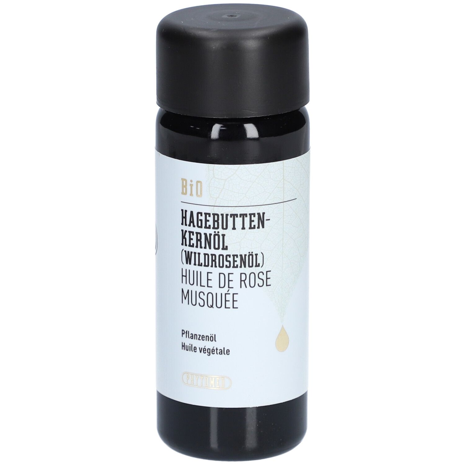 Bio-Hagebuttenkernöl (Wildrosenöl) in dunkler Flasche mit schwarzem Deckel.