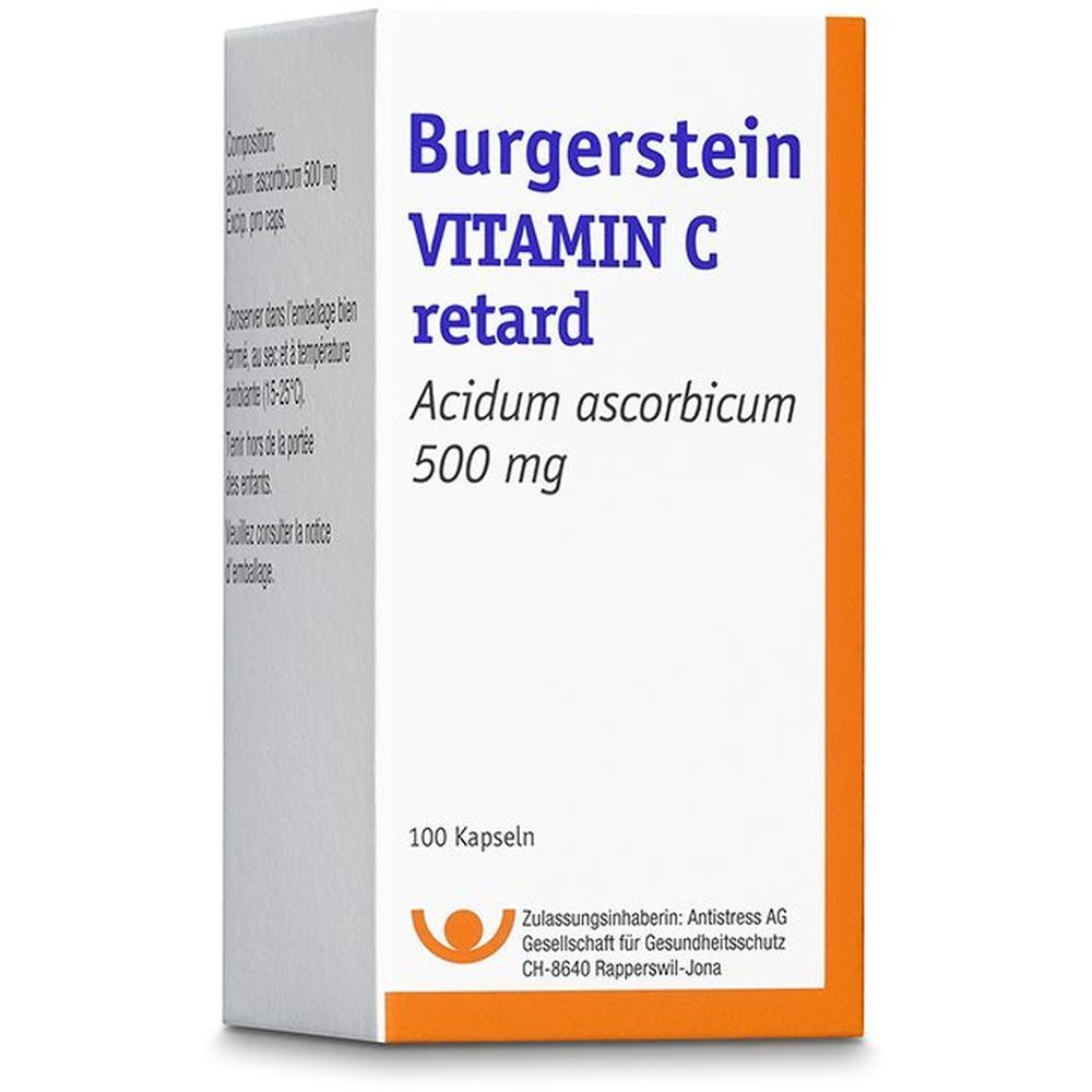 Weißer Karton mit Burgerstein Vitamin C retard. Enthält 100 Kapseln. Aufschrift: Acidum ascorbicum 500 mg. Orangefarbener Streifen.