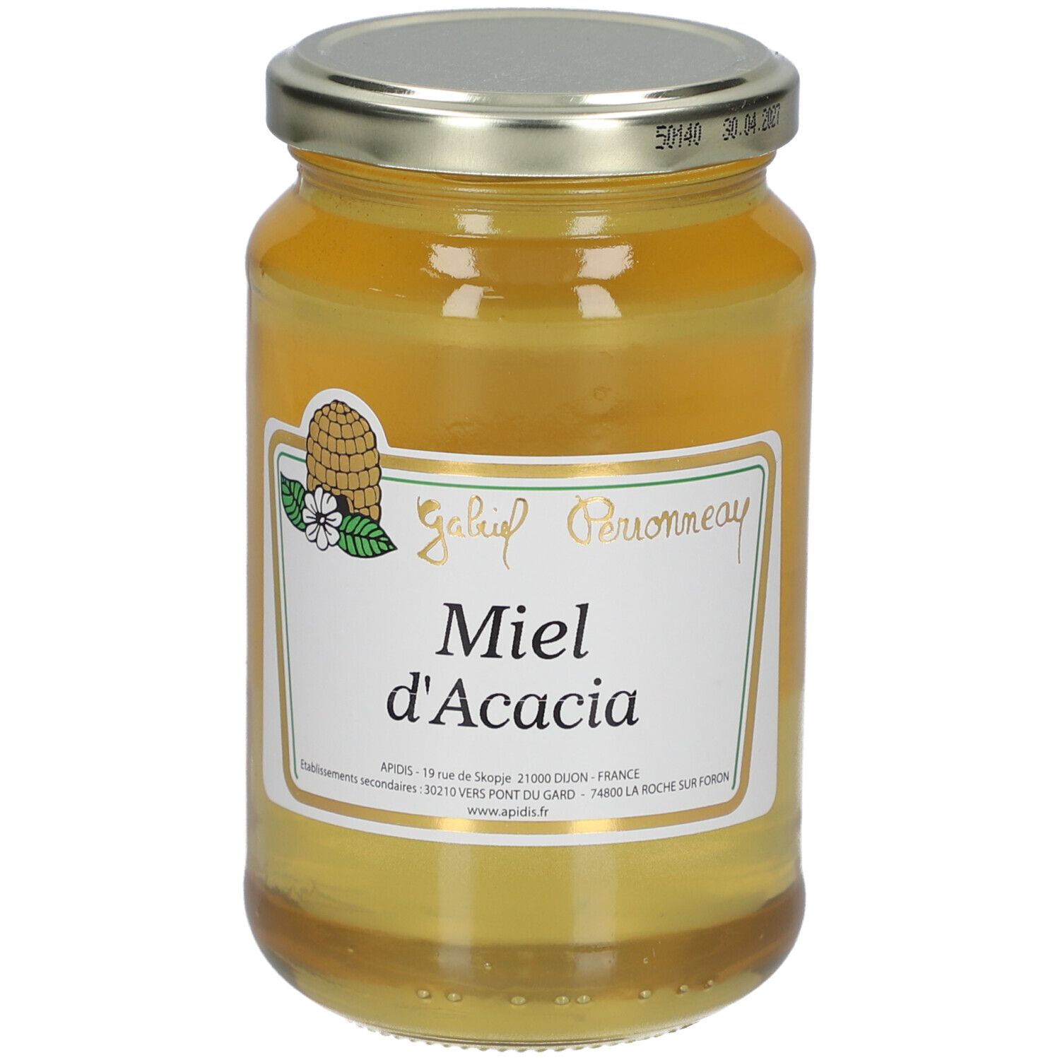Pot de miel d'Acacia. Étiquette blanche. Miel doré. Couvercle métallique. Marque "Gabin Peronneau".