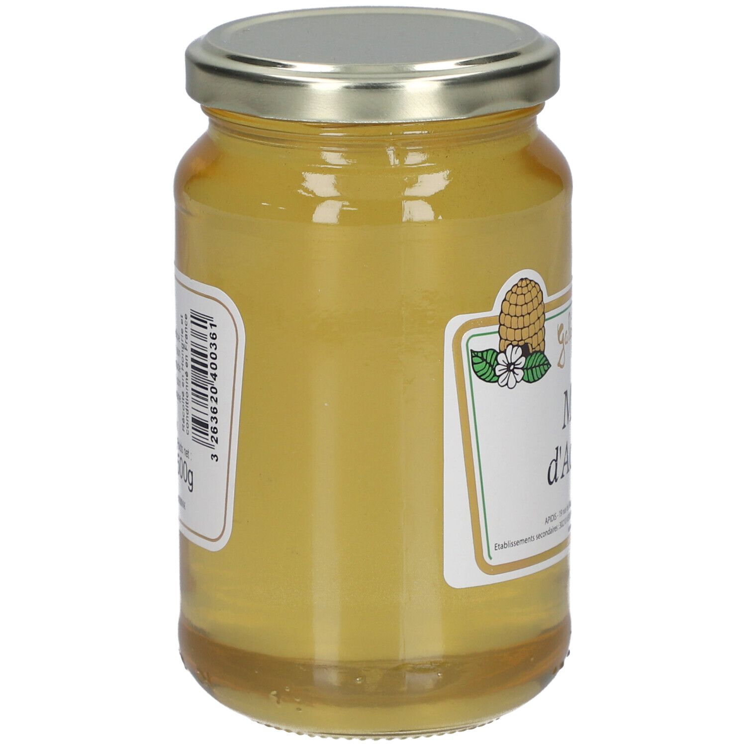 Pot de miel. Étiquette avec texte et logo. Miel doré. Couvercle métallique. Vue arrière.