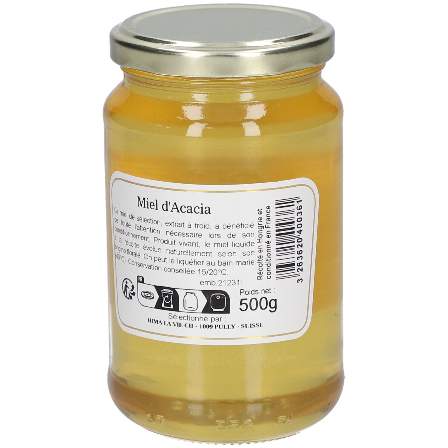 Pot de miel. Étiquette avec texte et logo. Miel doré. Couvercle métallique. Poids net 500g.