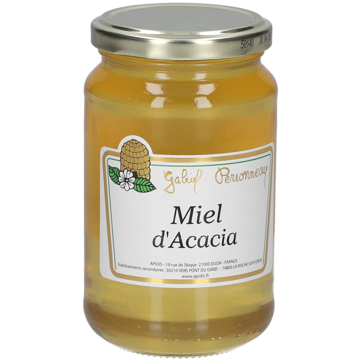 Pot de miel d'Acacia. Étiquette blanche. Miel doré. Couvercle métallique. Marque "Gabin Peronneau".