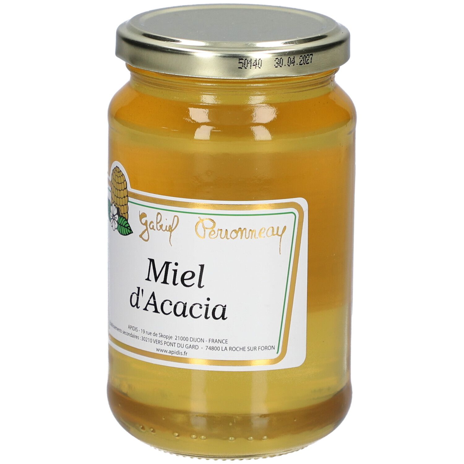 Pot de miel d'Acacia. Étiquette blanche. Miel doré. Couvercle métallique. Marque "Gabin Peronneau".