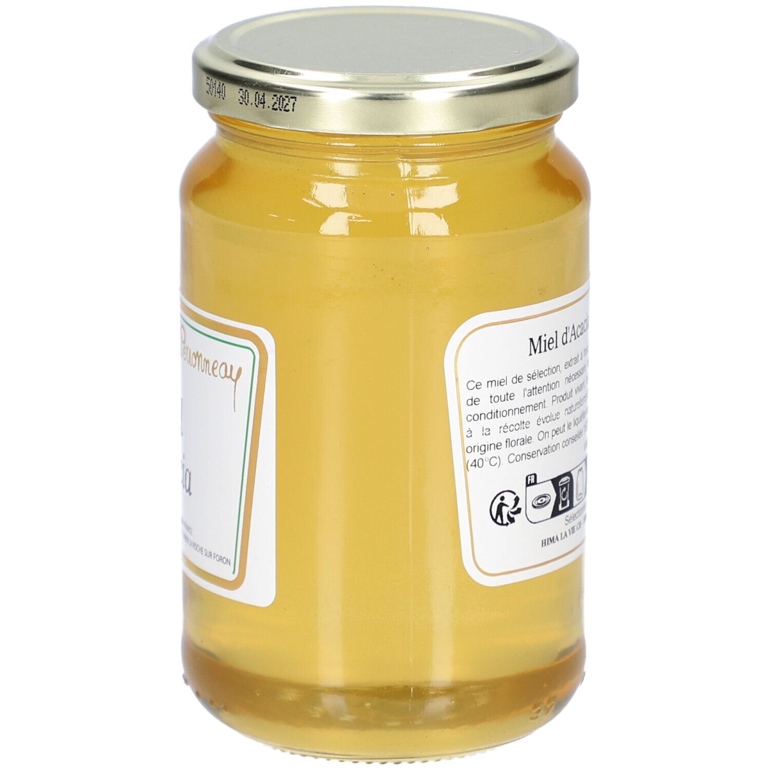 Pot de miel. Étiquette avec texte et logo. Miel doré. Couvercle métallique. Vue arrière.