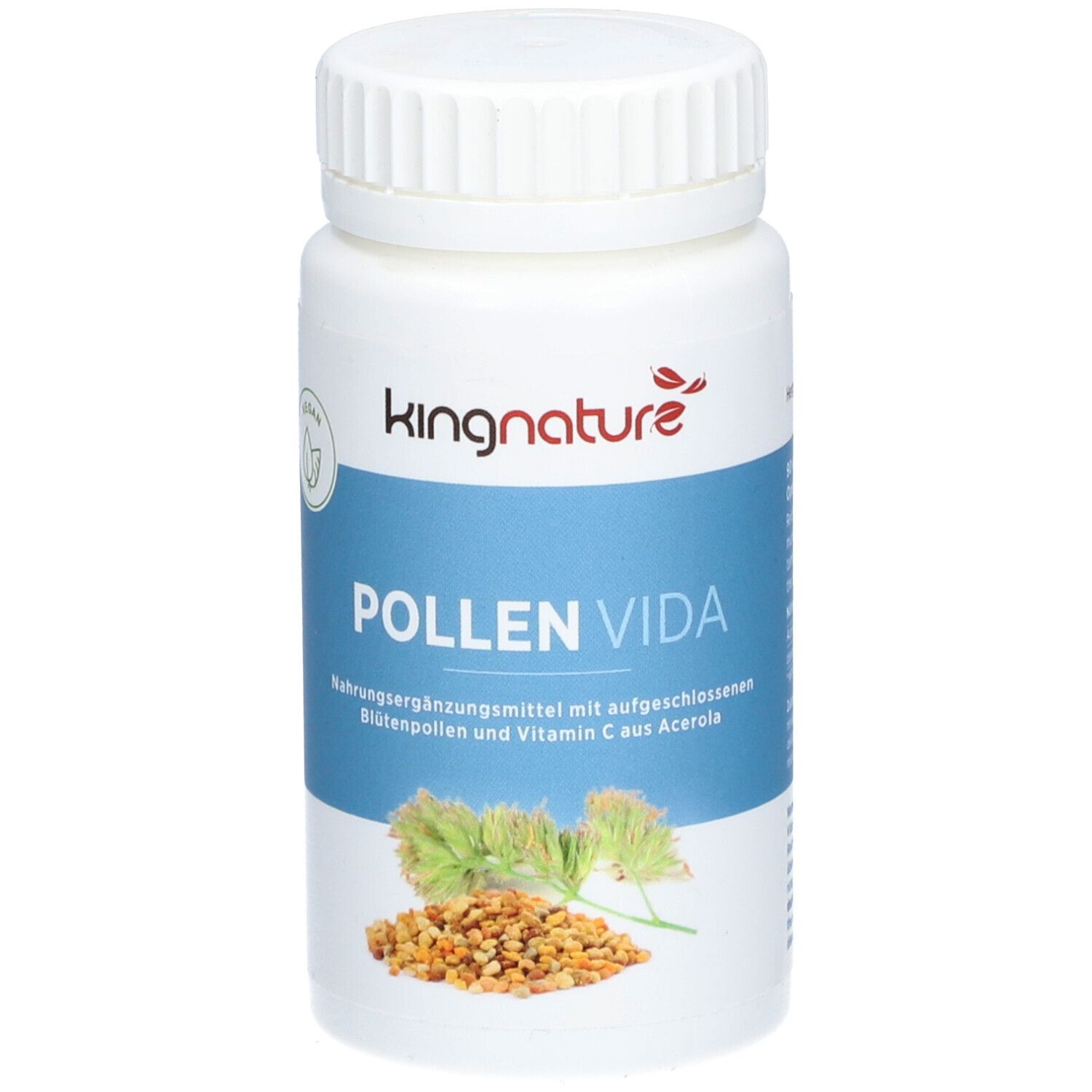 Weiße Flasche mit kingnature POLLEN VIDA. Aufschrift: Nahrungsergänzungsmittel mit Blütenpollen und Vitamin C aus Acerola. Abbildung von Pollen.