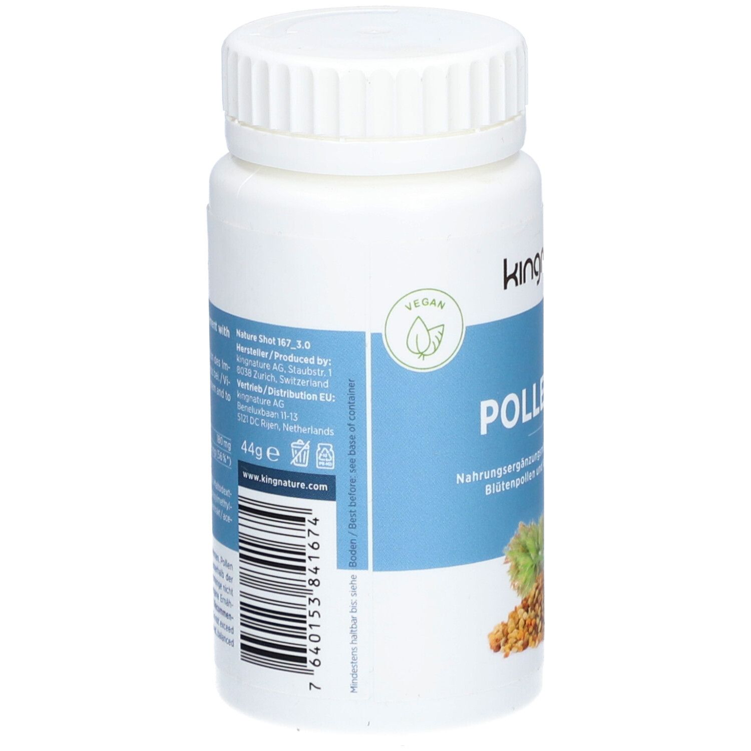 Rückseite der weißen Flasche kingnature POLLEN VIDA. Vegan-Siegel. Barcode und Informationen zum Hersteller.