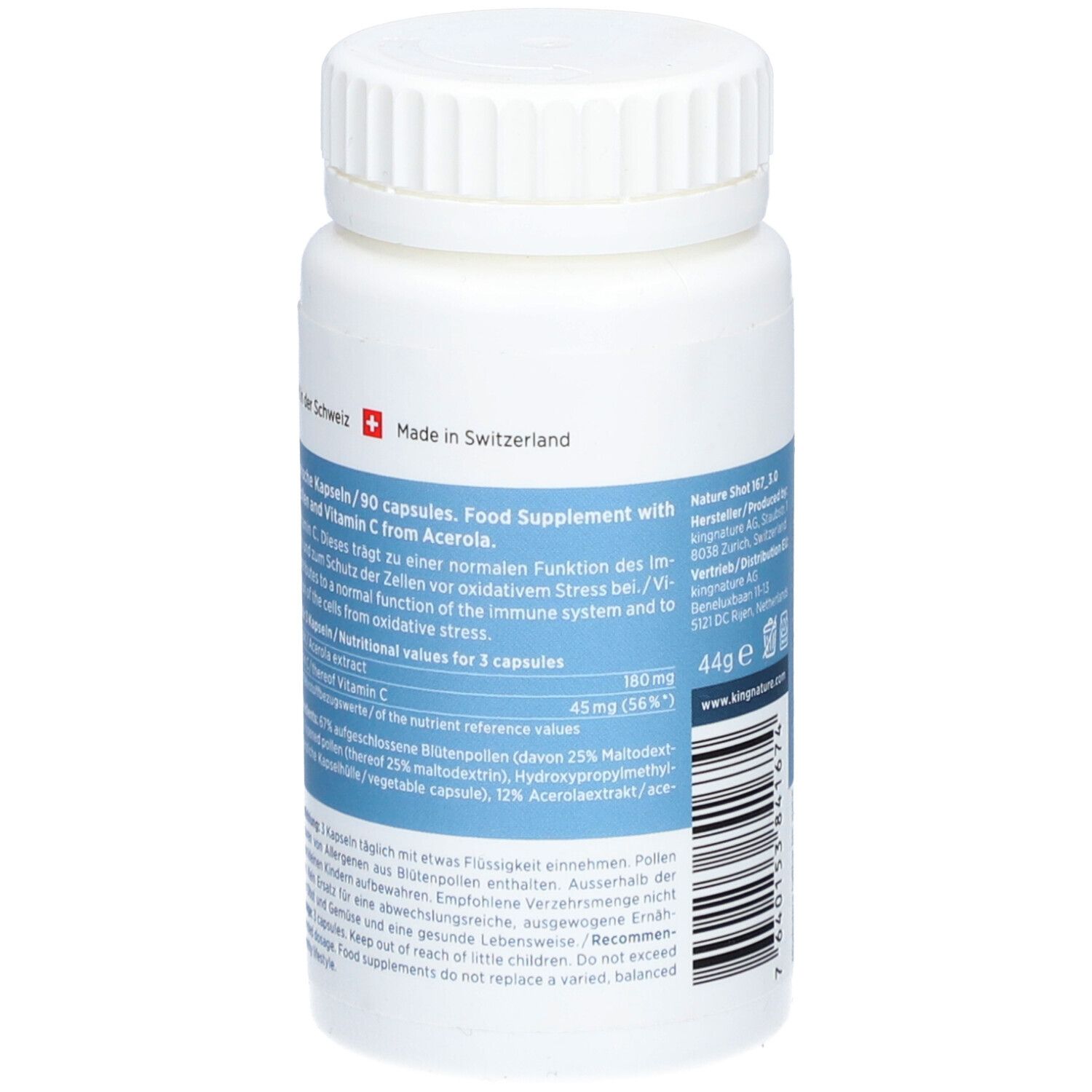 Rückseite der weißen Flasche kingnature POLLEN VIDA. Text: 90 Kapseln. Hergestellt in der Schweiz. Nährwertangaben und Inhaltsstoffe.