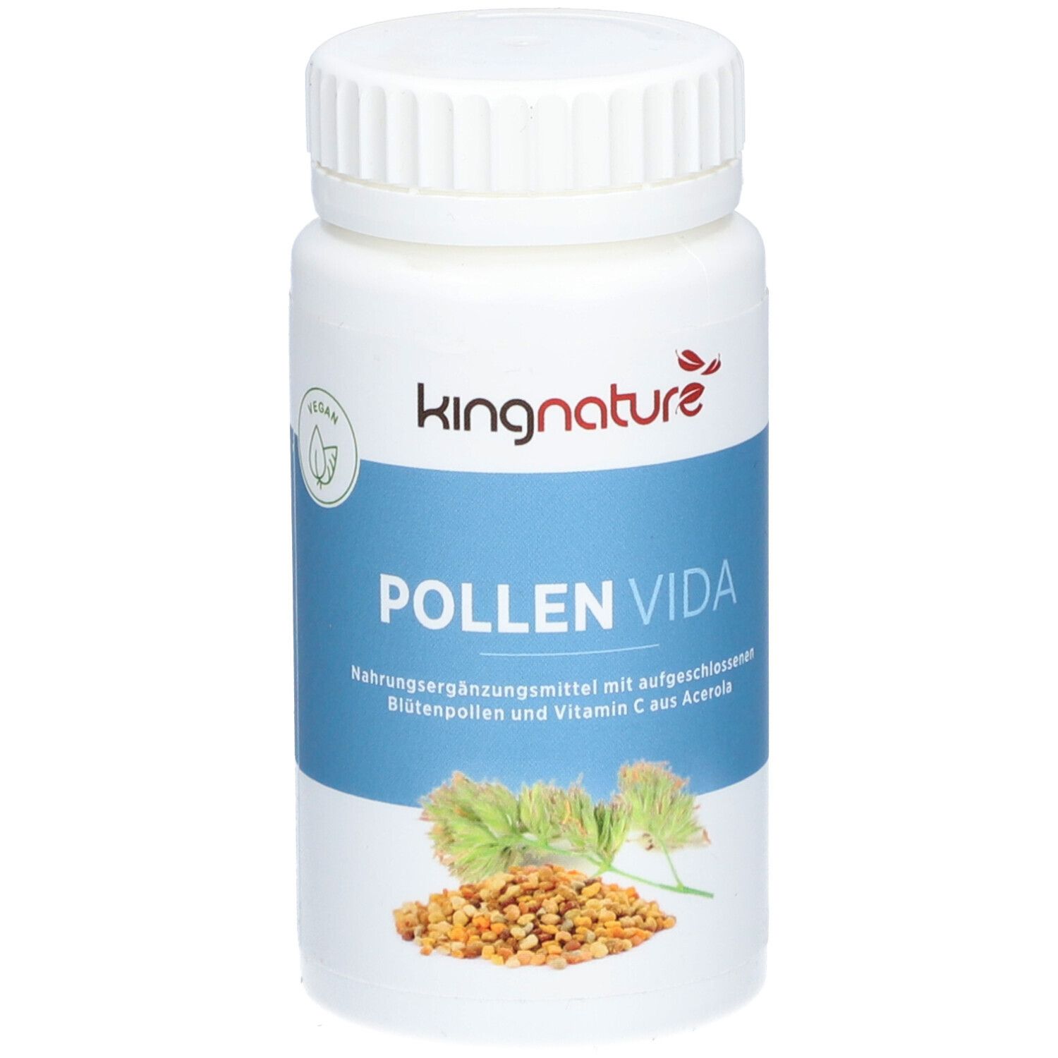 Weiße Flasche kingnature POLLEN VIDA. Nahrungsergänzungsmittel mit Blütenpollen und Vitamin C aus Acerola. Vegan-Siegel.