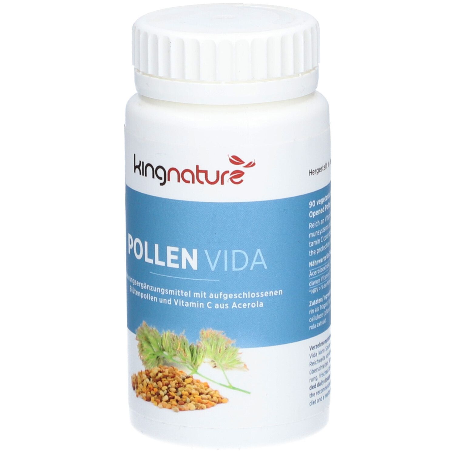 Weiße Flasche kingnature POLLEN VIDA. Nahrungsergänzungsmittel mit Blütenpollen und Vitamin C aus Acerola. 90 Kapseln.