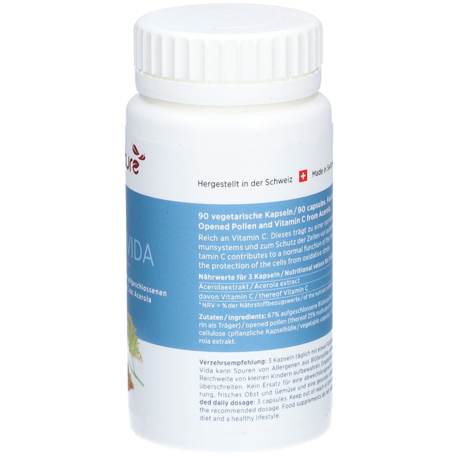 Rückseite der weißen Flasche kingnature POLLEN VIDA. 90 Kapseln. Hergestellt in der Schweiz. Nährwertangaben und Inhaltsstoffe.