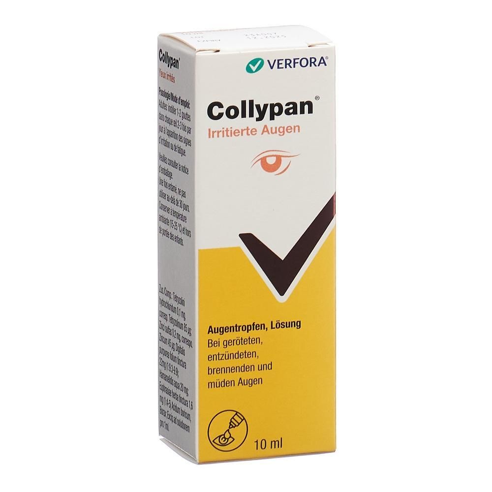 Verpackung von Augentropfen. Aufschrift: Collypan Irritierte Augen. Enthält 10 ml. Für gerötete, entzündete, brennende und müde Augen.
