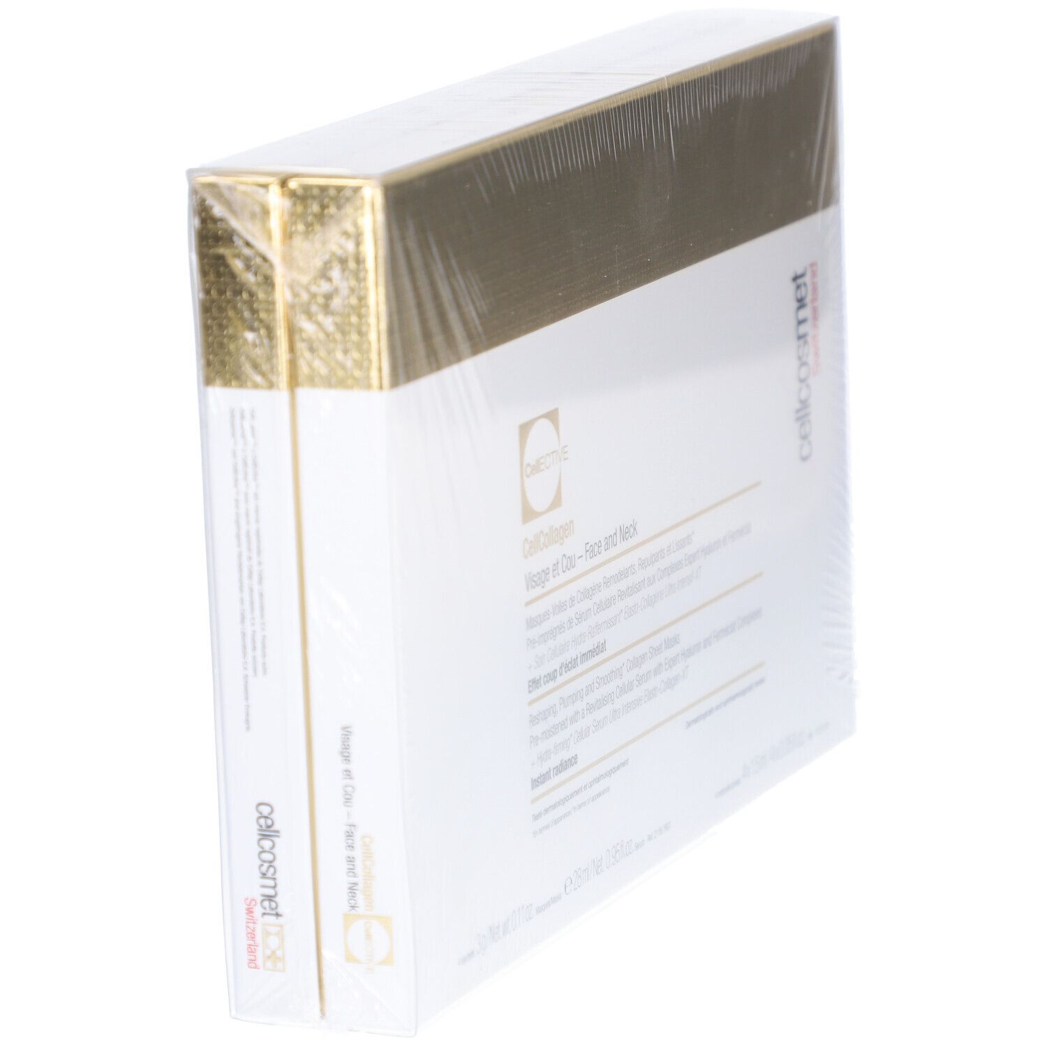 Emballage Cellcosmet CellEctive Face and Neck Mask en biais. Boîte blanche avec couvercle doré. Marque et nom du produit visibles.