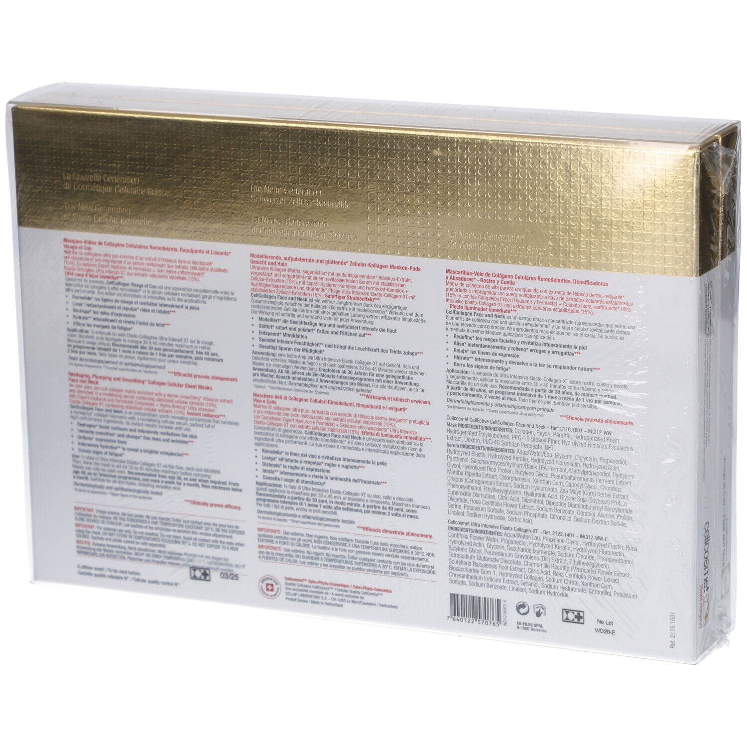 Dos de l'emballage Cellcosmet CellEctive Face and Neck Mask. Texte multilingue. Marque et nom du produit visibles.