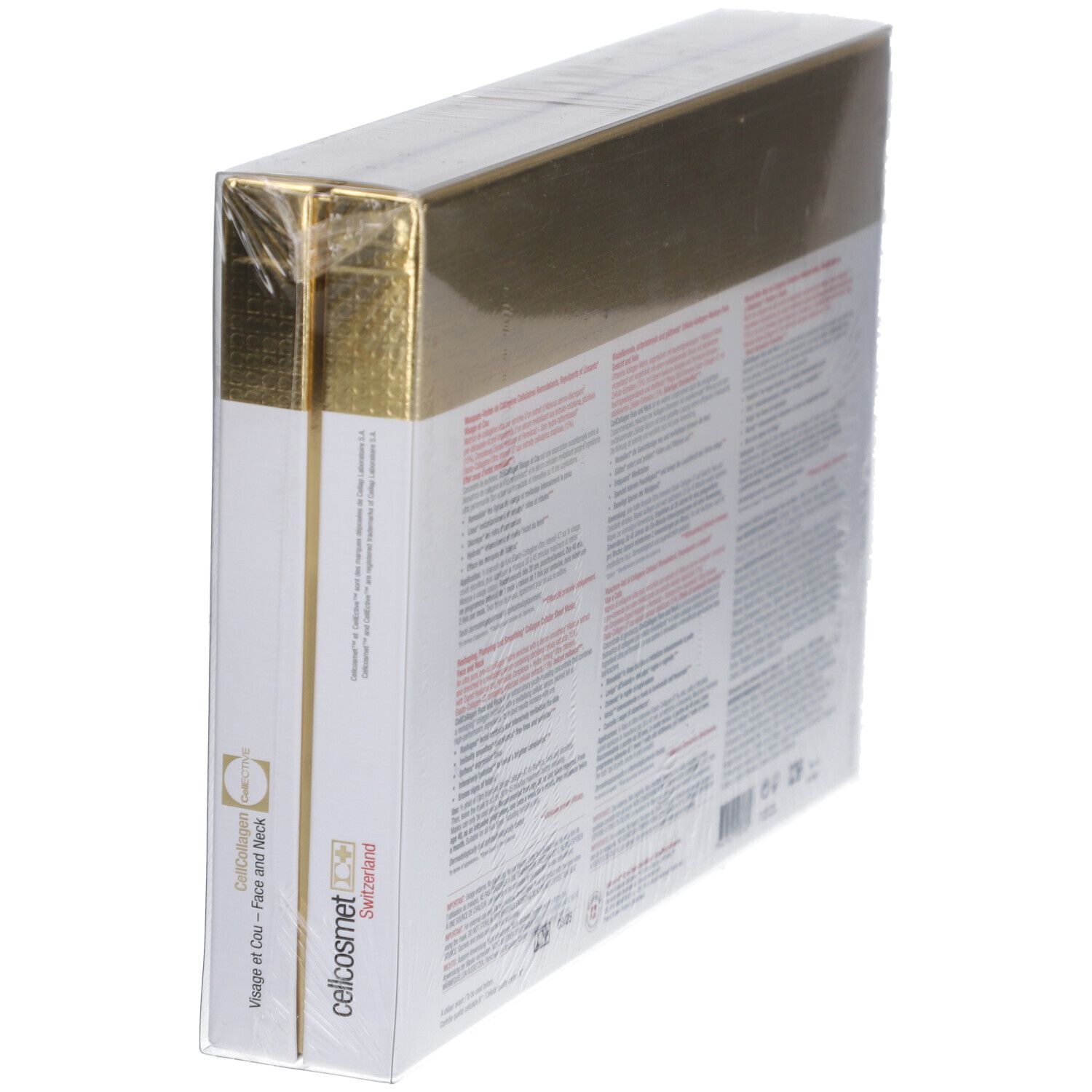 Côté de l'emballage Cellcosmet CellEctive Face and Neck Mask. Texte multilingue. Marque et nom du produit visibles.