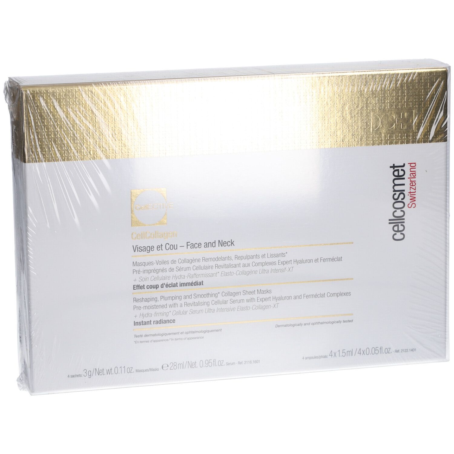 Emballage Cellcosmet CellEctive Face and Neck Mask. Boîte blanche avec couvercle doré. Nom du produit et marque visibles.