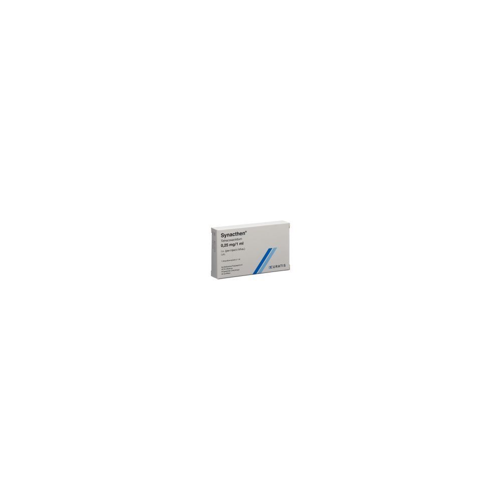 Karton mit Produktinformationen. Aufschrift: Synacthen 0,25 mg/ml i.m./i.v. Amp. 1 ml. Blaue und graue Elemente.