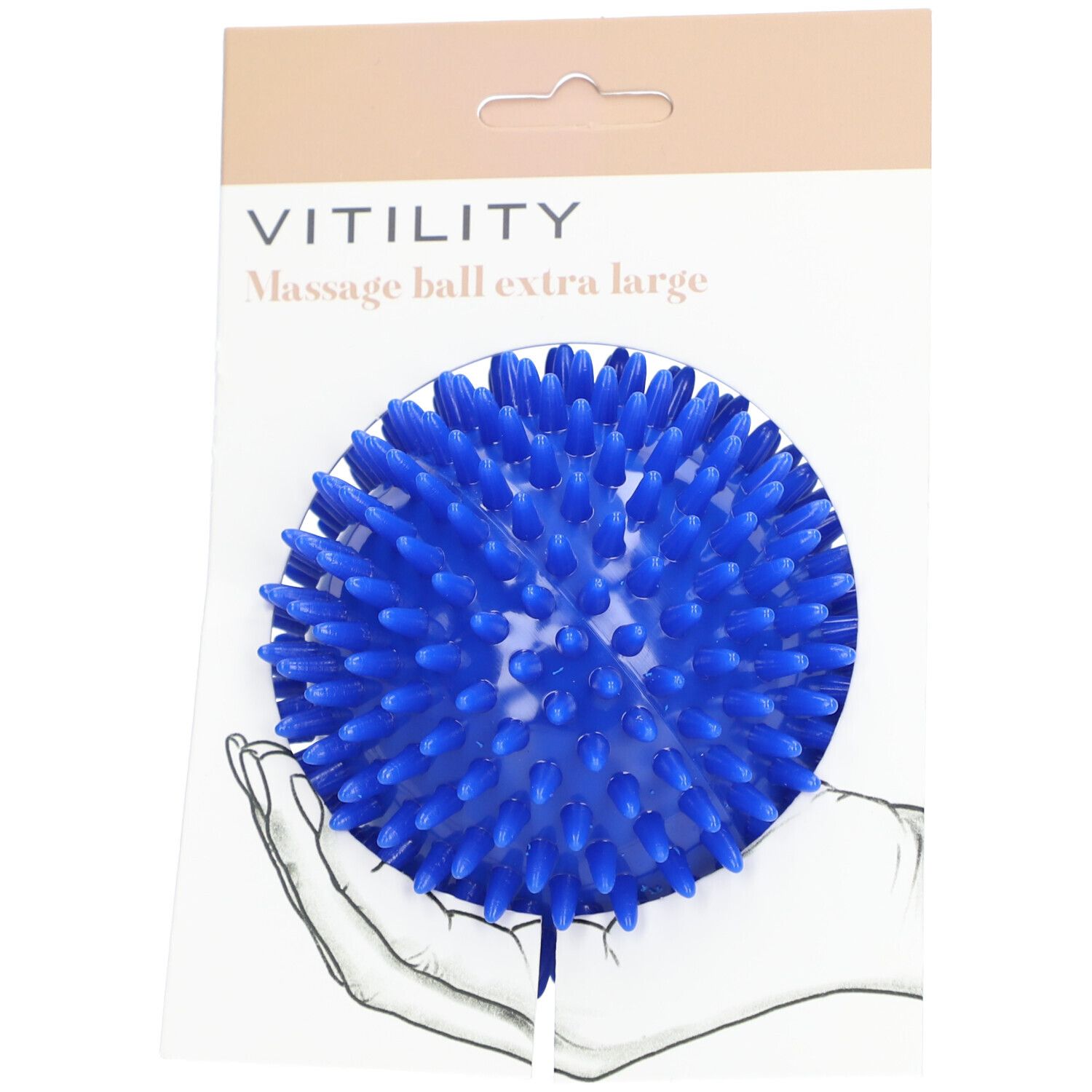 Blaue Massagekugel mit Noppen, auf Verpackung. Text: VITILITY Massage ball extra large.