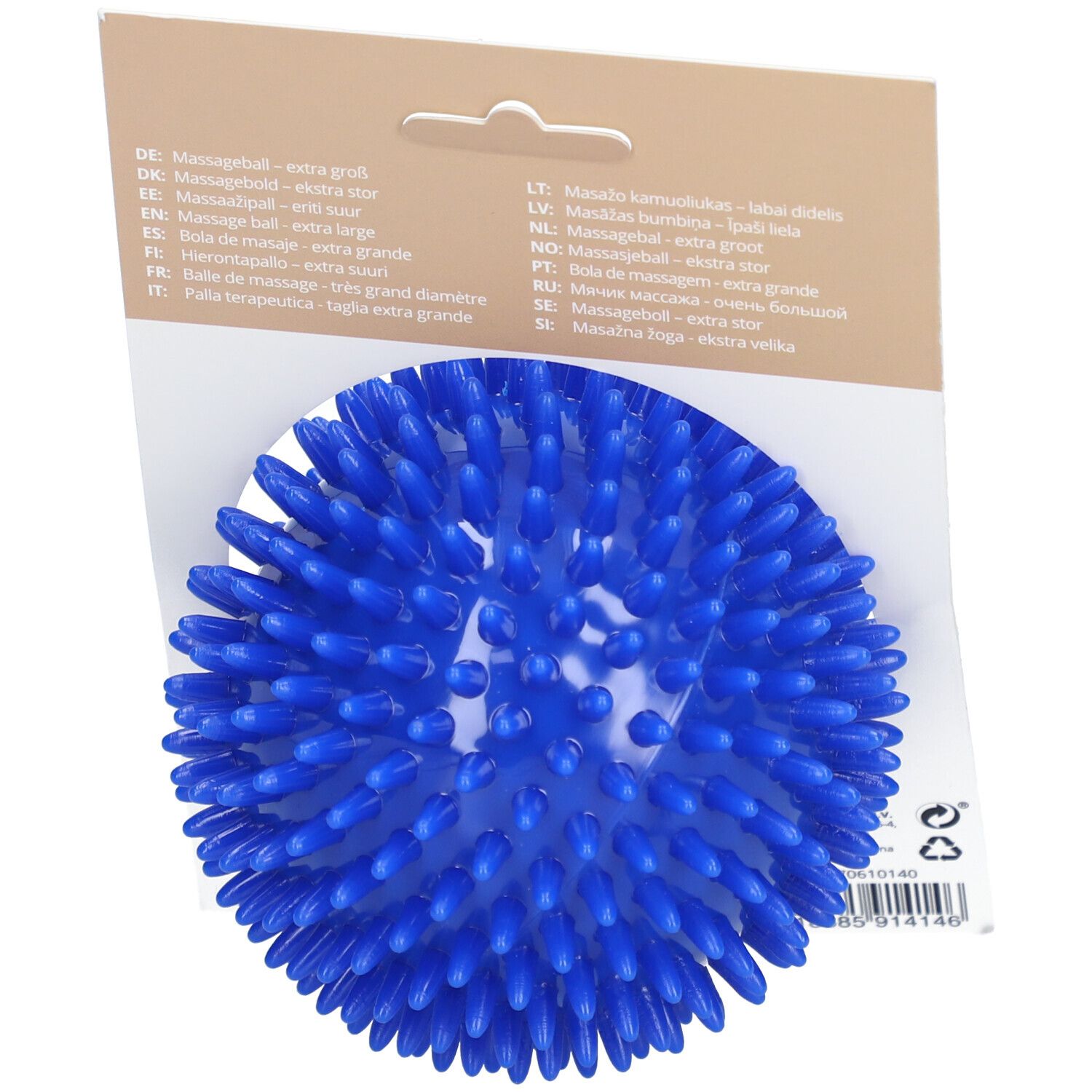 Blaue Massagekugel mit Noppen, auf Verpackung. Mehrsprachiger Text.