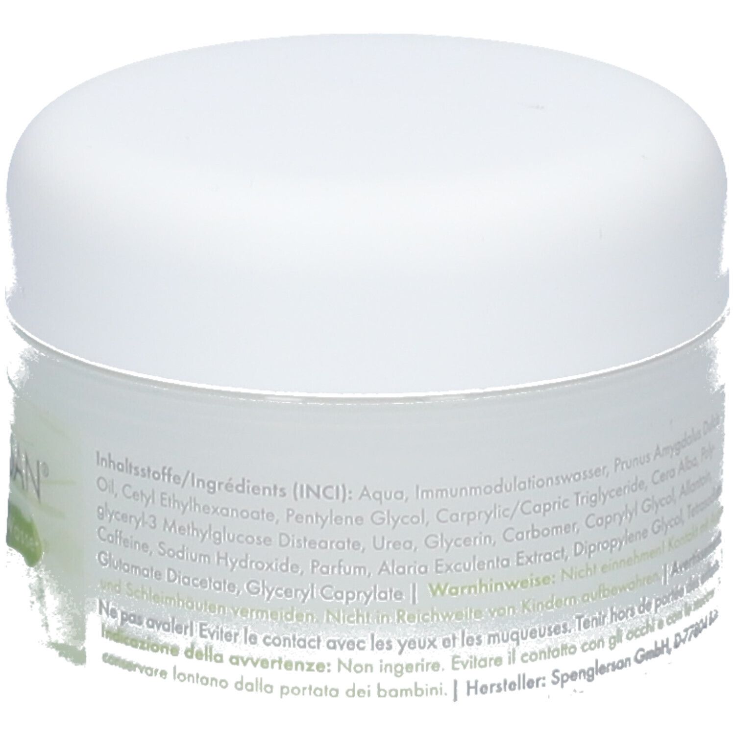 Pot de crème avec couvercle blanc. Inscription : Spenglersan, ImmunModulationsWasser, Crème. Étiquette verte avec ingrédients.