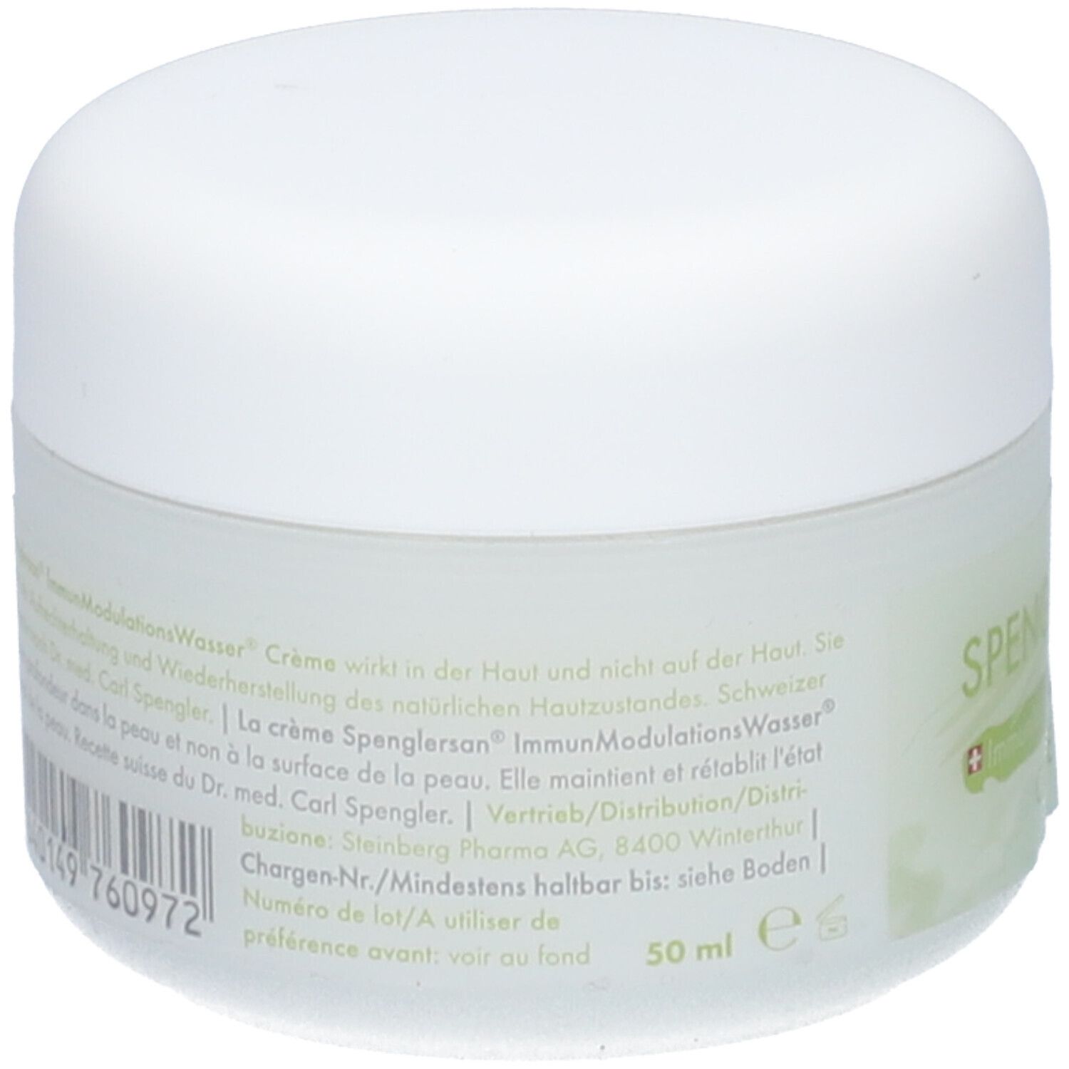 Dos du pot de crème. Texte : Spenglersan ImmunModulationsWasser Crème. Numéro de lot et date de péremption. 50 ml.