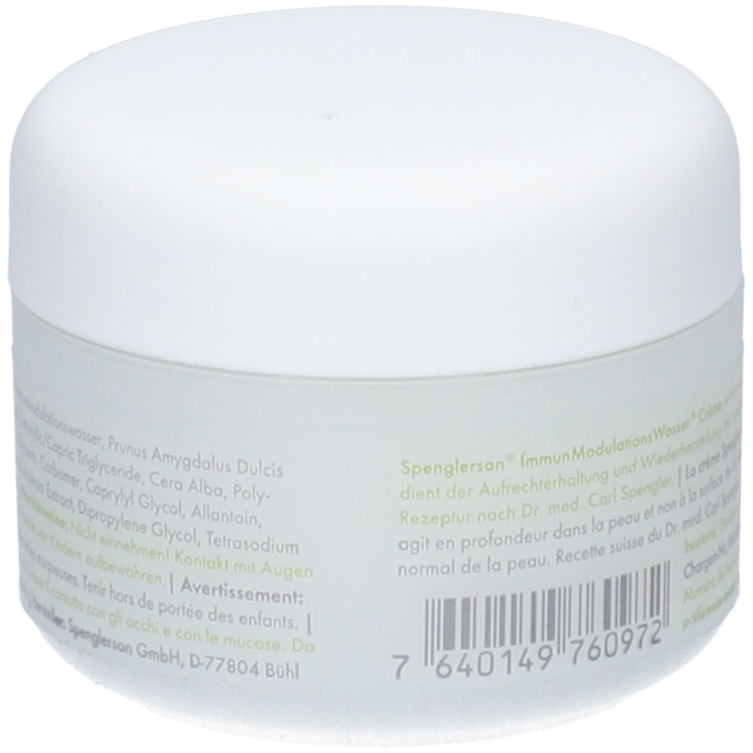 Dos du pot de crème. Texte : Ingrédients, Avertissement : Tenir hors de portée des enfants. Code-barres.