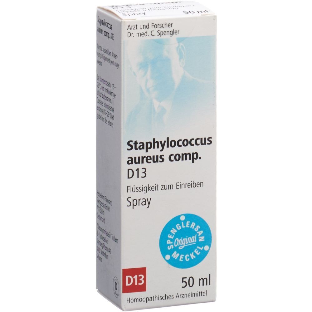 Weiße Schachtel mit Produktnamen Staphylococcus aureus comp. D13 Spray. Aufschrift: SPENGLERSAN Original Mecke. 50 ml.