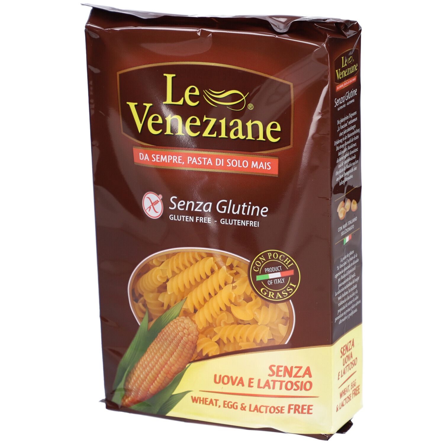 Verpackung mit glutenfreien Nudeln. Marke: Le Veneziane. Aufdruck: Ohne Gluten, ohne Ei, ohne Laktose. Maiskolben-Abbildung.