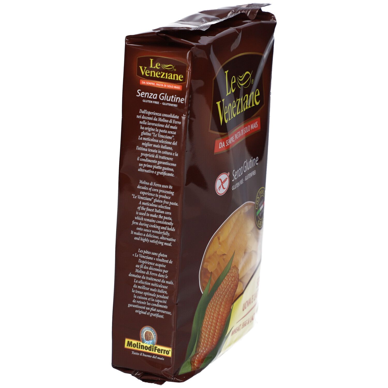 Verpackung glutenfreier Nudeln. Marke: Le Veneziane. Aufdruck: Ohne Gluten. Maiskolben-Abbildung. Braune Verpackung.
