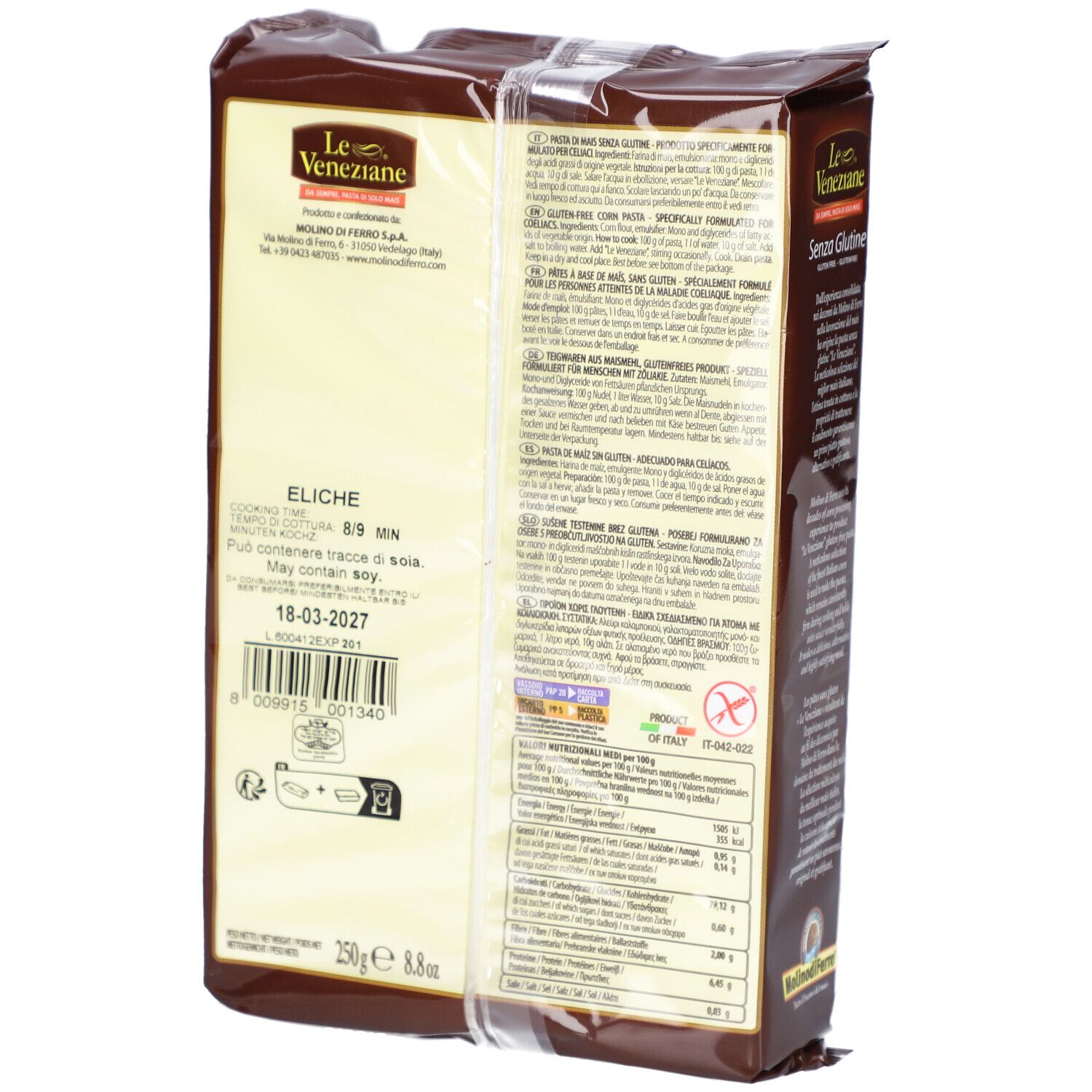 Rückseite der Verpackung glutenfreier Nudeln. Text: Eliche, 8-9 Min. Kochzeit. MHD: 18-03-2027. 250g. Marke: Le Veneziane.