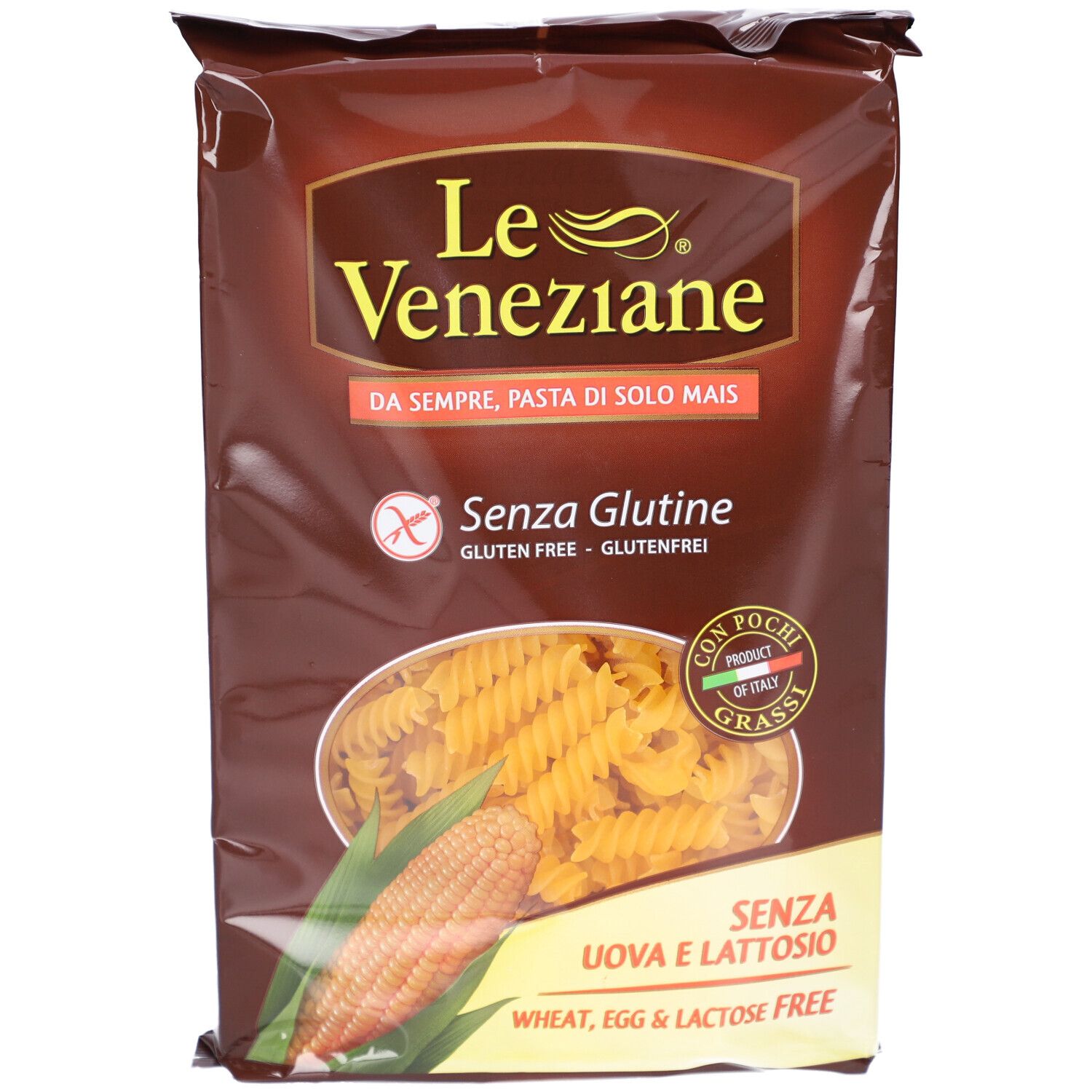 Verpackung mit glutenfreien Nudeln. Marke: Le Veneziane. Aufdruck: Ohne Gluten, ohne Ei, ohne Laktose. Maiskolben-Abbildung.