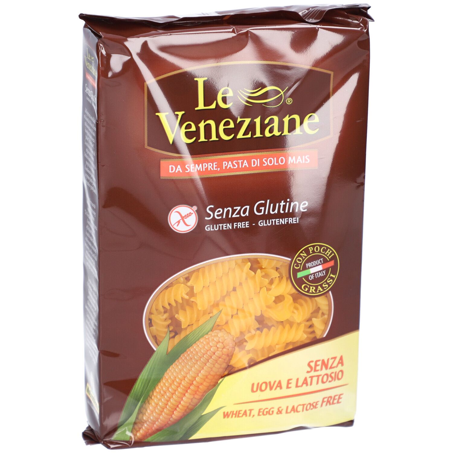 Verpackung mit glutenfreien Nudeln. Marke: Le Veneziane. Aufdruck: Ohne Gluten, ohne Ei, ohne Laktose. Maiskolben-Abbildung.