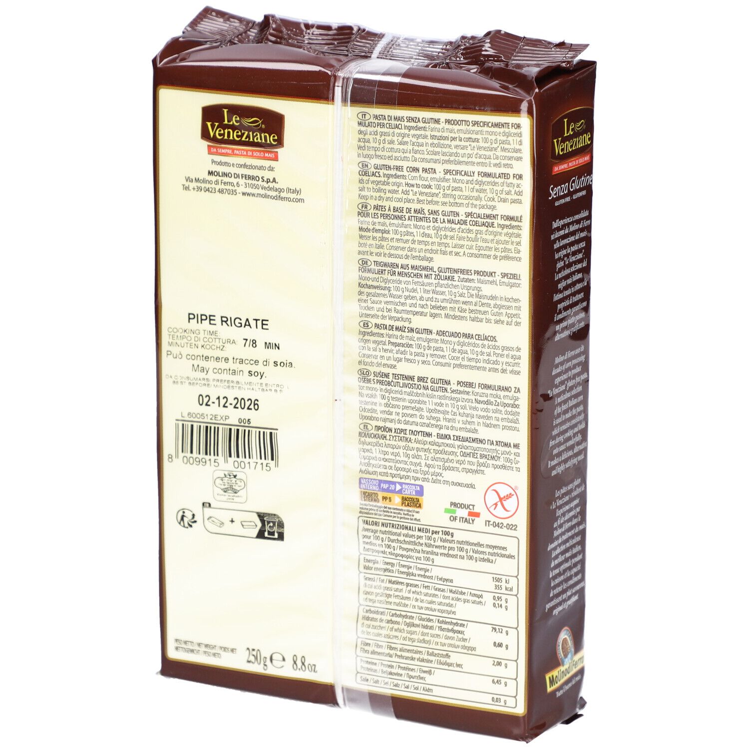 Rückseite der Verpackung von glutenfreien Mais-Nudeln. Text in mehreren Sprachen, Nährwertangaben, Barcode.