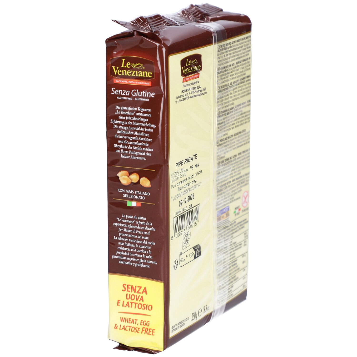 Seitenansicht der Verpackung von glutenfreien Mais-Nudeln. Aufdrucke: Le Veneziane, Senza Glutine, Text.